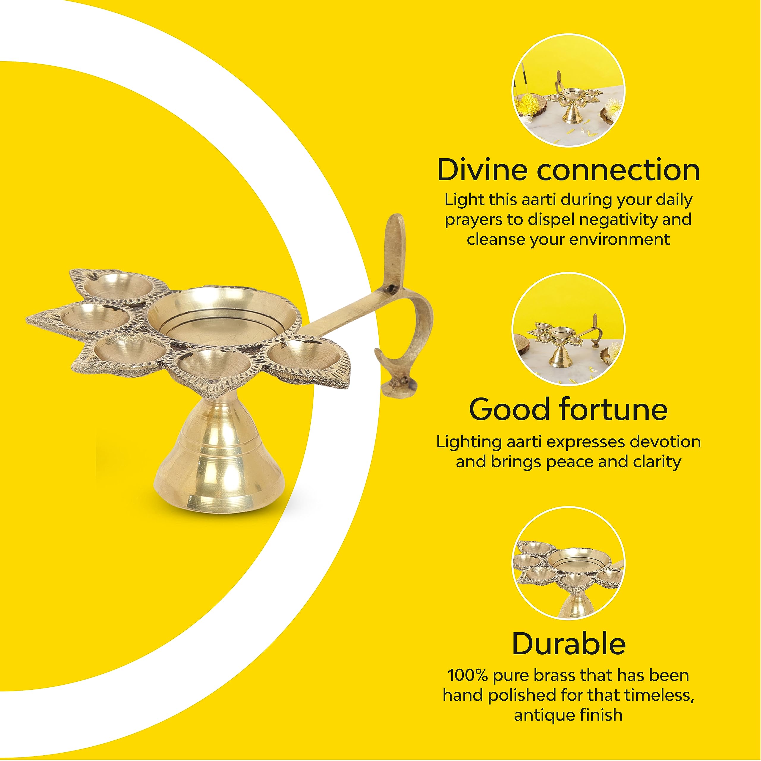 10Club Panch Aarti 100% Pure Brass Diya | Panchmukhi Puja Diya (15L X 11B X 6H cm, 370 gm) | Ghee Lamp | Aarti Ghee Deepak for H