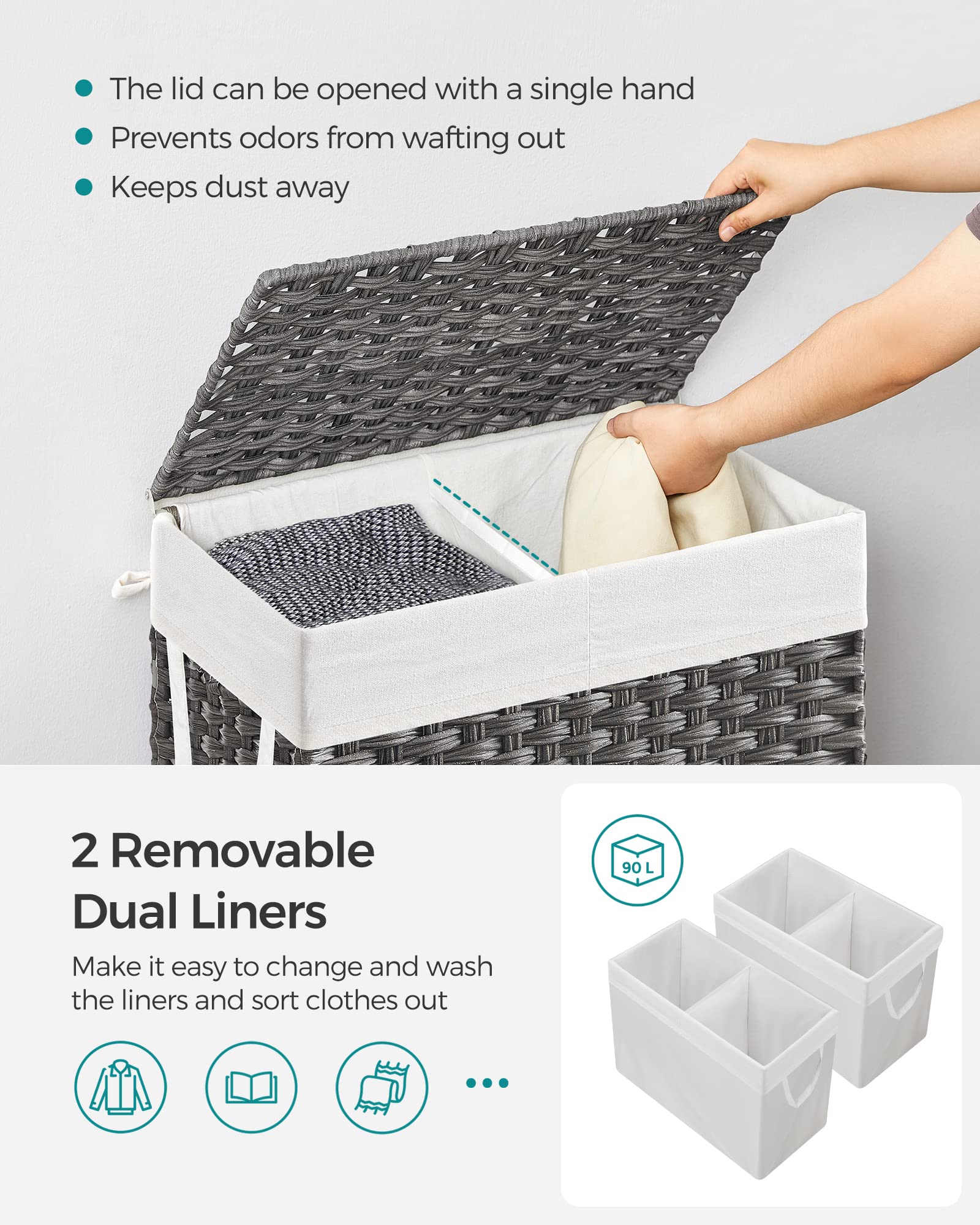 Songmics Laundry Hamper With Lid, 90L Clothes Hamper With 2 Removable Liner Bags, 6 Mesh Bags, Wicker Laundry Basket, Double Lau