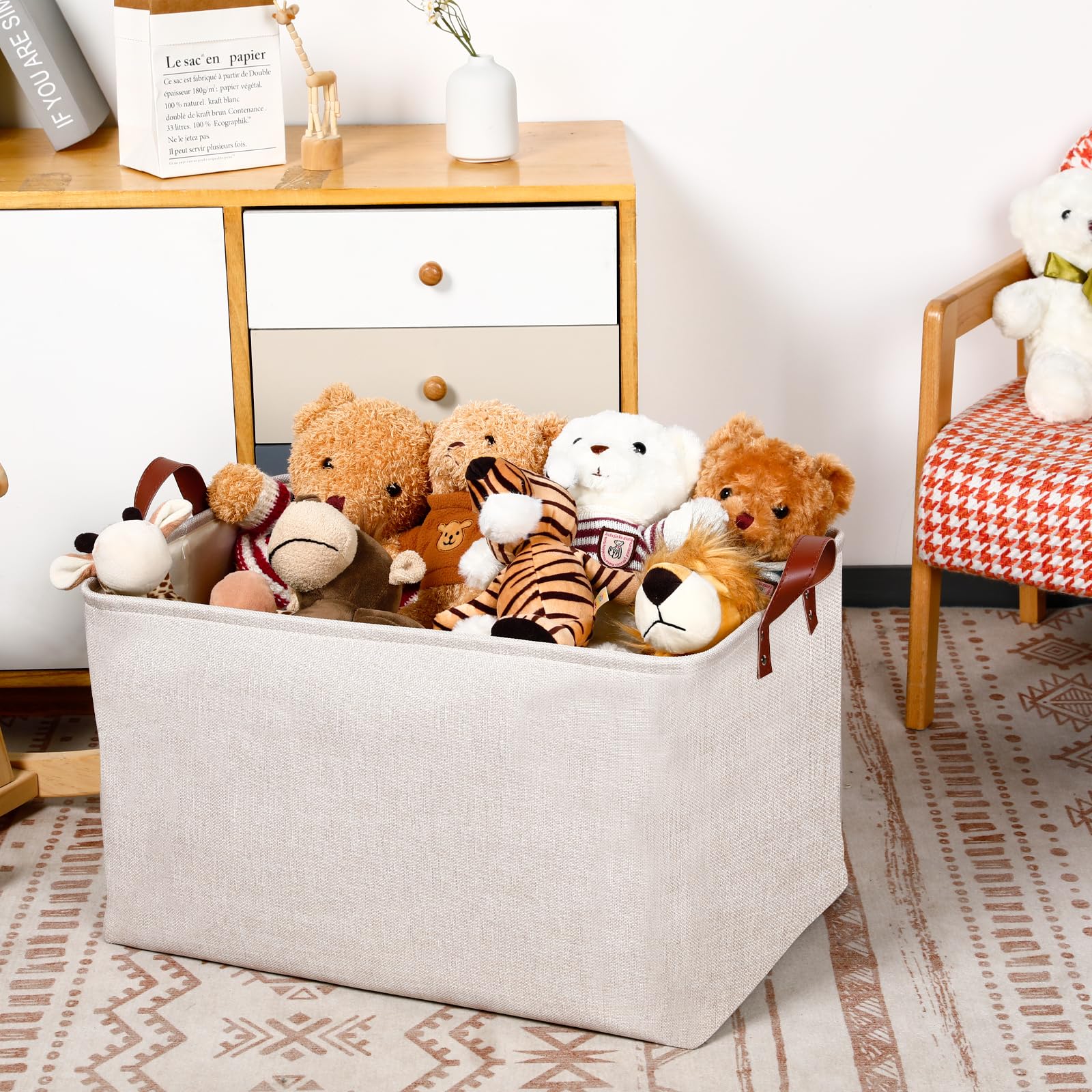 Dullemelo Large Beige Storage Basket 70L Oversized Canvas Fabric Storage Bin, Collapsible Rectangular Toys Basket Organizer With