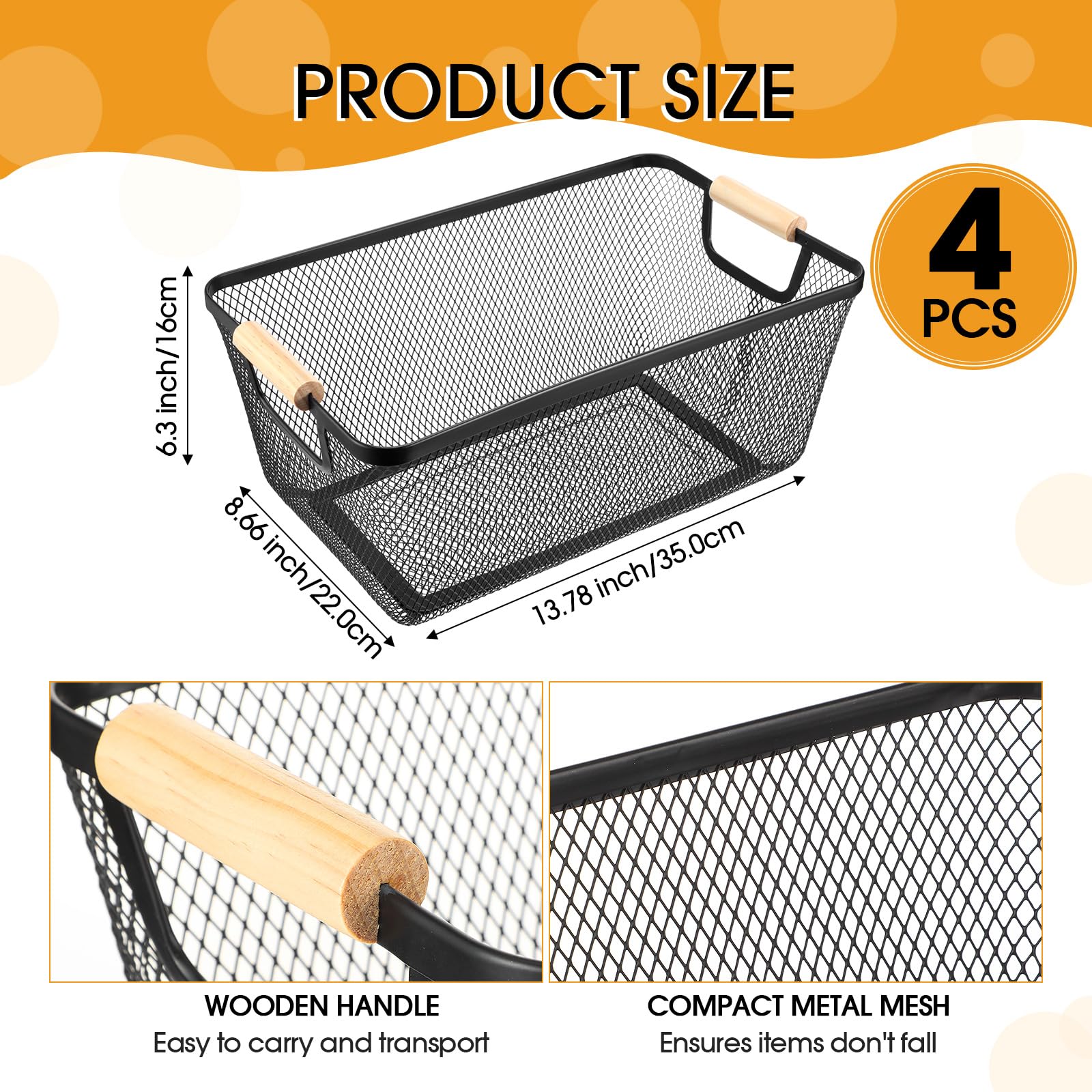 Ziliny 4 Pcs Metal Wire Basket With Wooden Handles Mesh Steel Storage Baskets Organizer Bin Basket Containers For Home Cabinet P