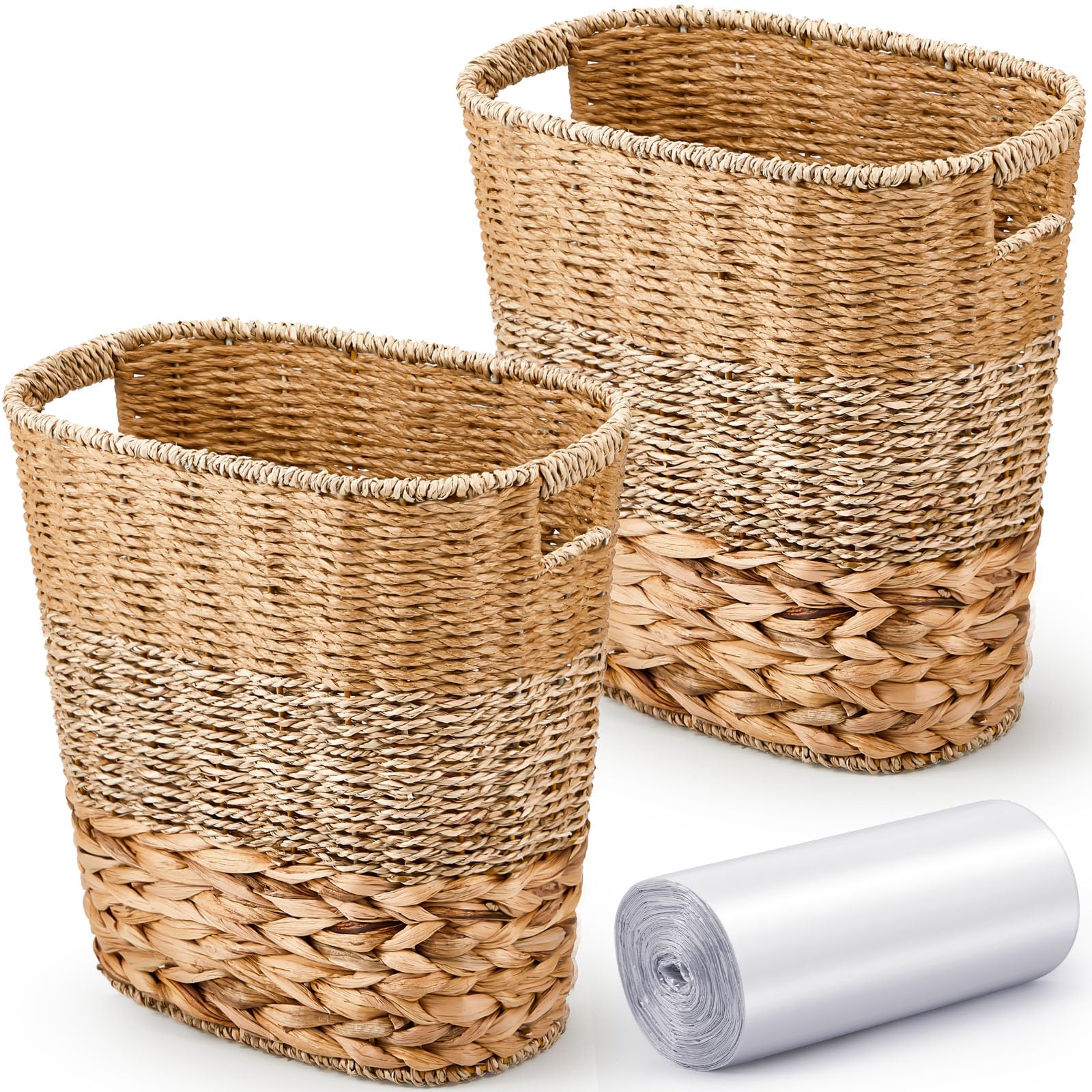 Ziliny 2 Pcs Wicker Trash Can with 50 Small Trash Bag Wicker Waste Woven Basket with Handles Clear Multi Use Garbage Bags for Ba