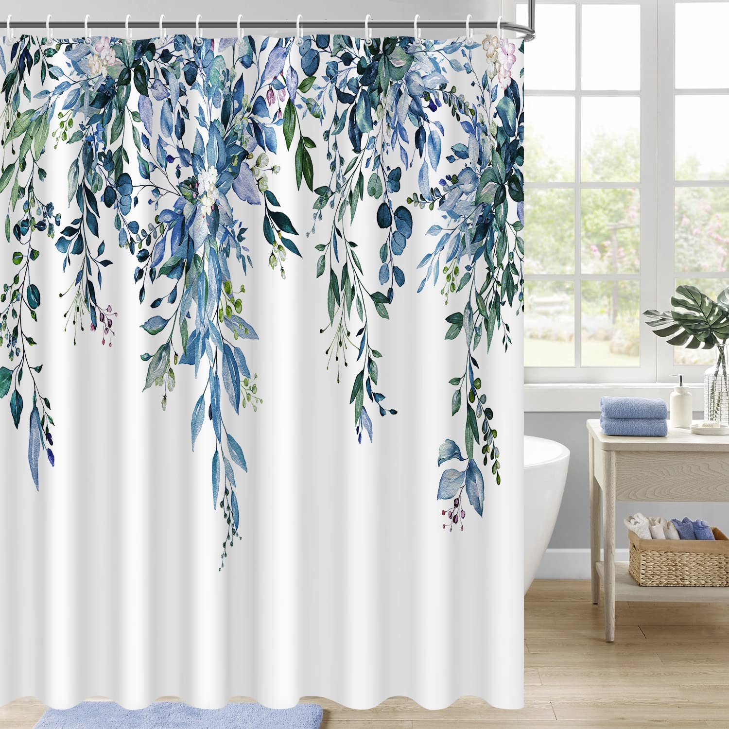 Nuseiis Blue Eucalyptus Shower Curtain Sets  Watercolor Plant Leaves Bathroom Shower Curtain  Waterproof Fabric Shower Curtain  72x72 Inch