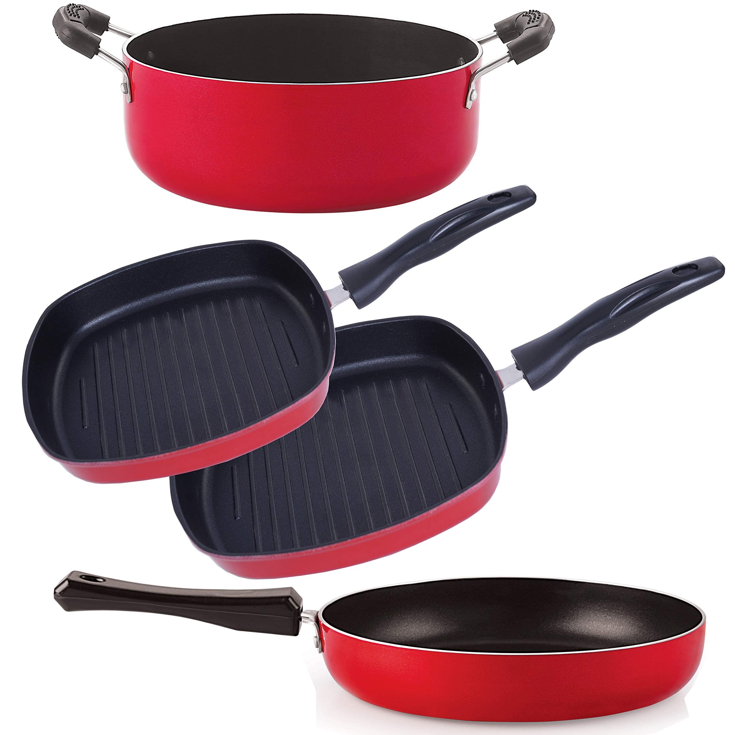 Nirlon NonStick Aluminum Cookware Set, 4Piece, Red And Black (2.6Mm_Fp10_Gp(22.5)_Gp(24)_Cass20)