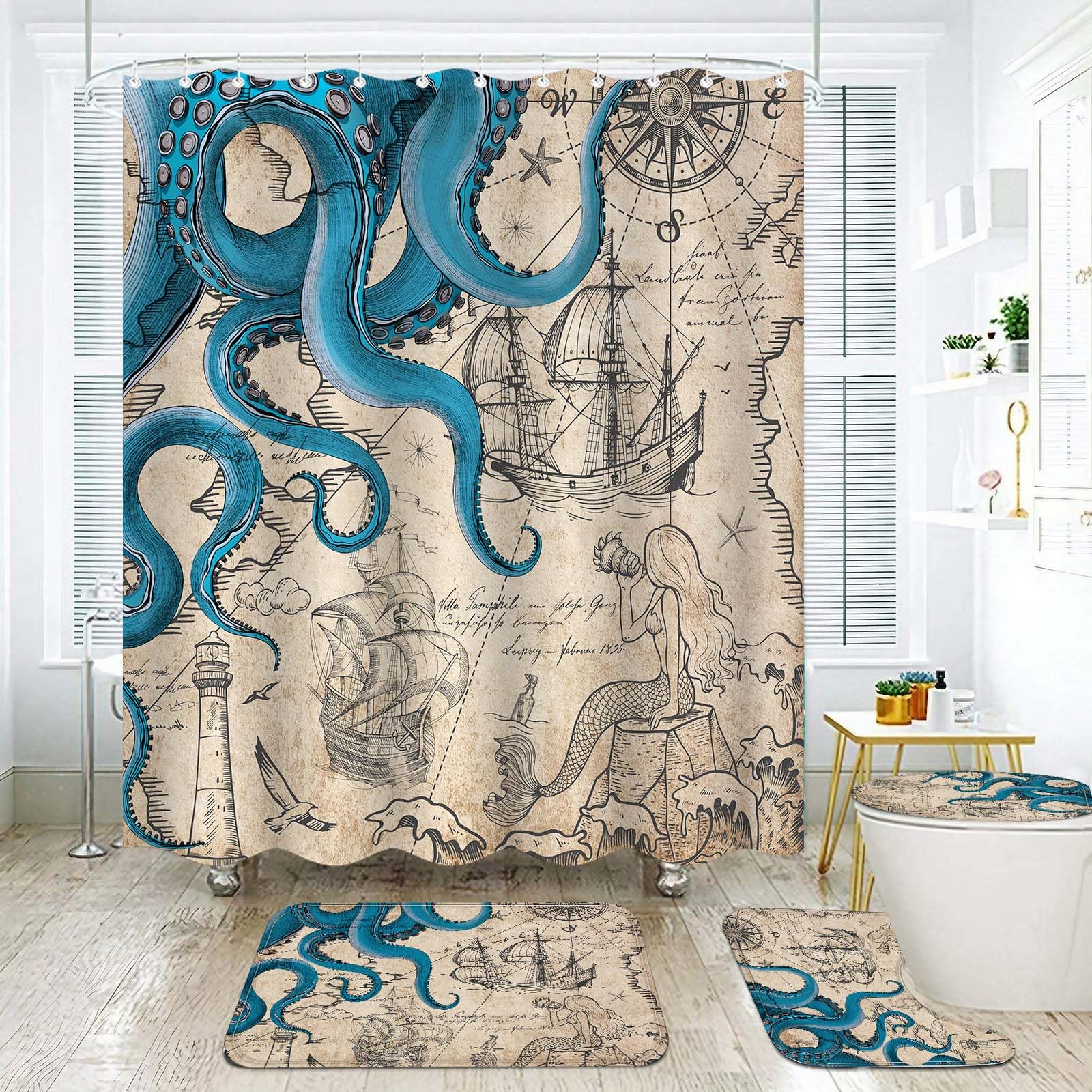 Fungarth 4 Pcs Vintage Nautical Octopus Shower Curtain Set With Rug Retro Coastal Bathroom Sets With Waterproof Shower Curtain A