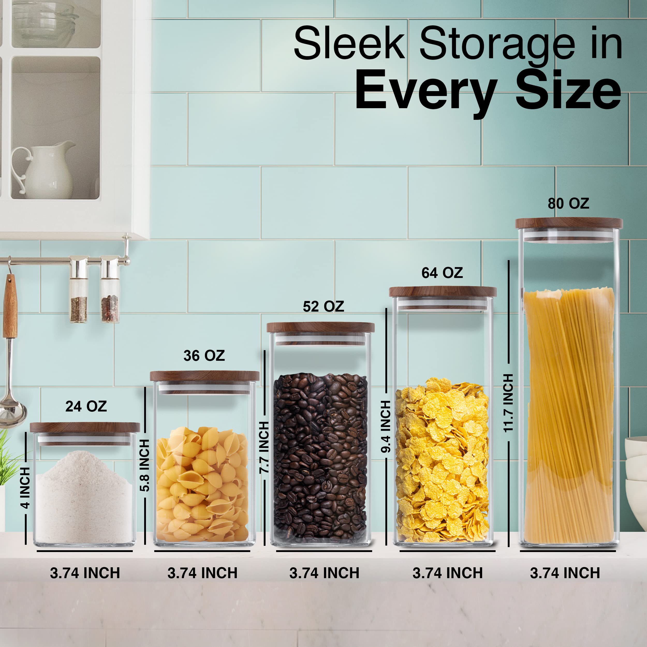 Essos Square Glass Jars with Wood Lids Set of (2) 80 fl oz Airtight and Stackable Storage Containers for Kitchen Pantry or Bathroom BPA Free and Recyclable Canister for Food Cookies Coffee Pasta Sugar