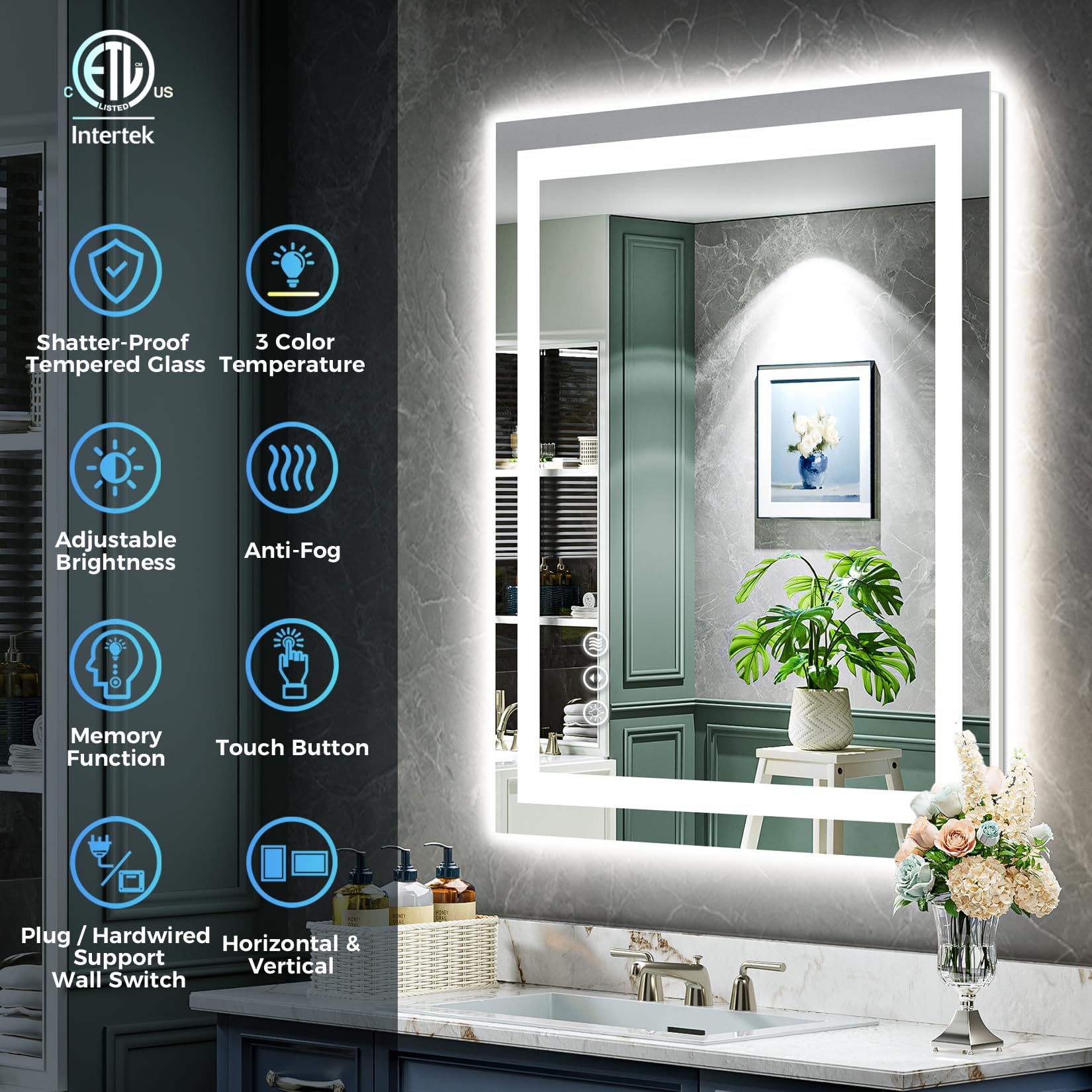 YEELAIT LED Bathroom Mirror with Lights 24x32 Inch Front and Backlit Lighted Vanity Mirror for Bathroom Wall with 3 Colors Dimmable Anti-Fog Memory Shatter-Proof IP54 Waterproof Horizontal/Vertical