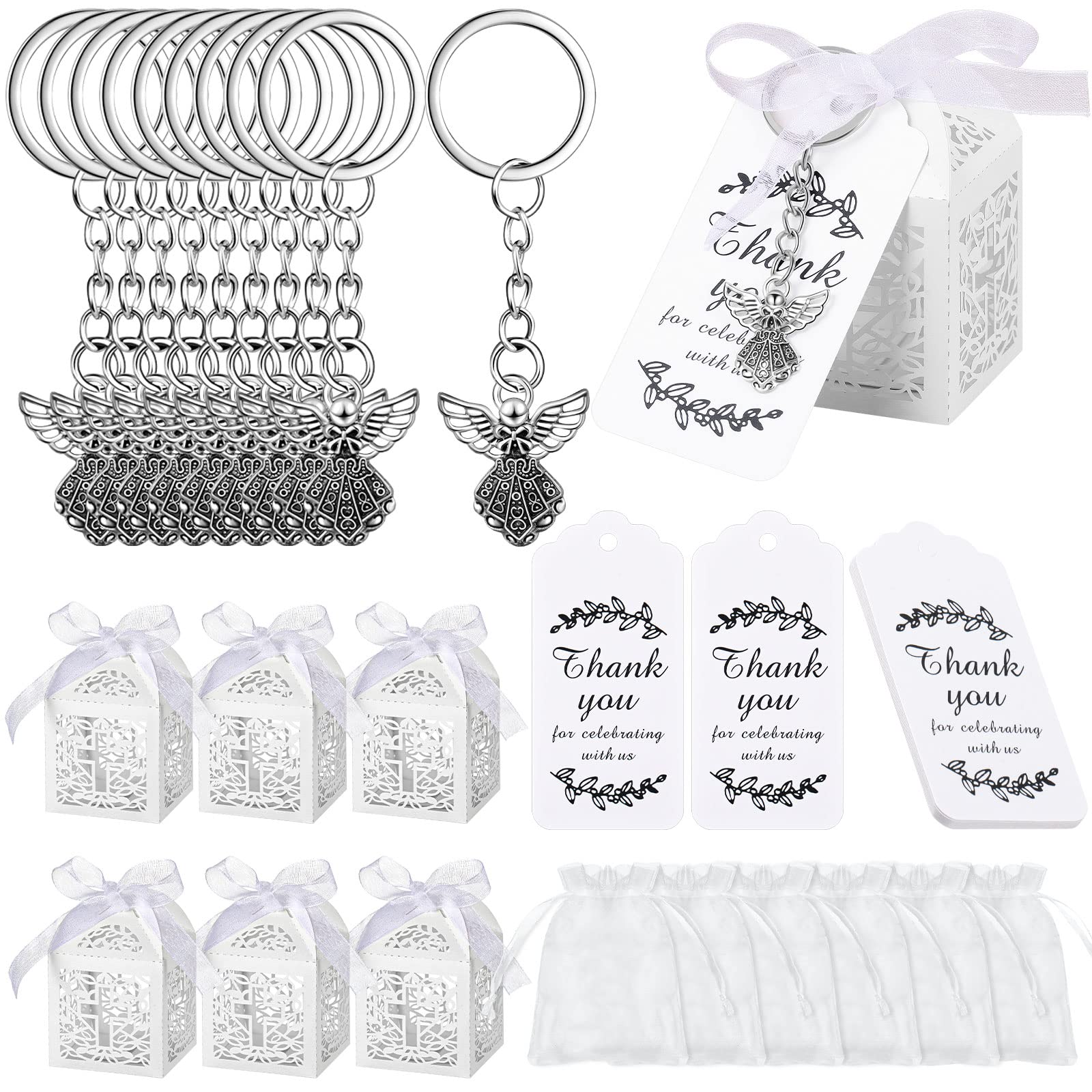 Bonuci 120 Pieces Baptism Party Favors Angel Keychain Pendant First Communion Party Boxes White Organza Bags With Drawstring Tha