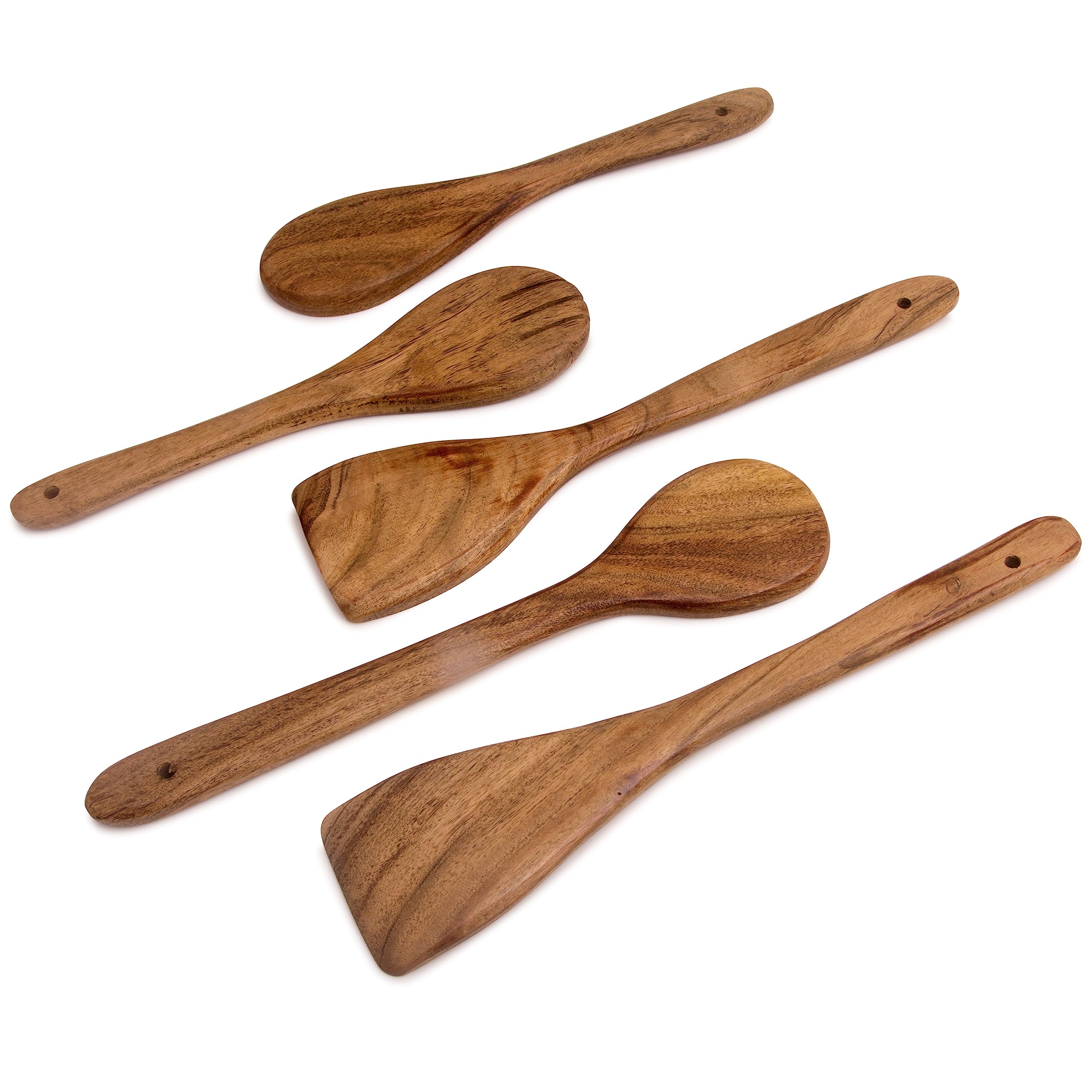 5 Piece Non-Stick Acacia Wooden Cutlery Spoon Set For Cooking, Wood Kitchen Utensils Salad Spoon Fork & Turner, Ladle & Flat Spa