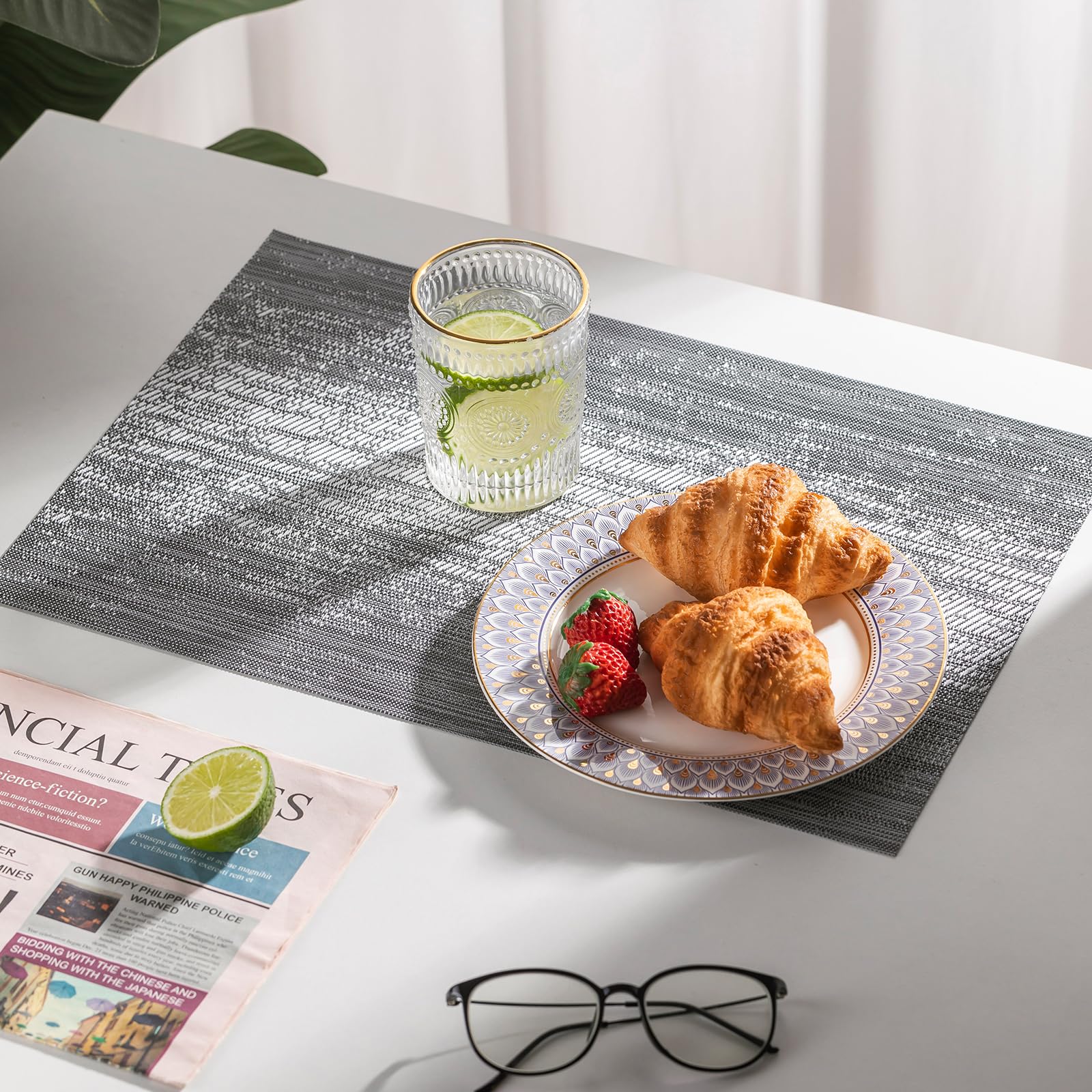 Lexmore Pvc Woven Placemats 8 Pcs Wipeable Indoor/Outdoor Table Mats Washable Vinyl Place Mat For Dining Table, Set Of 8-Gray