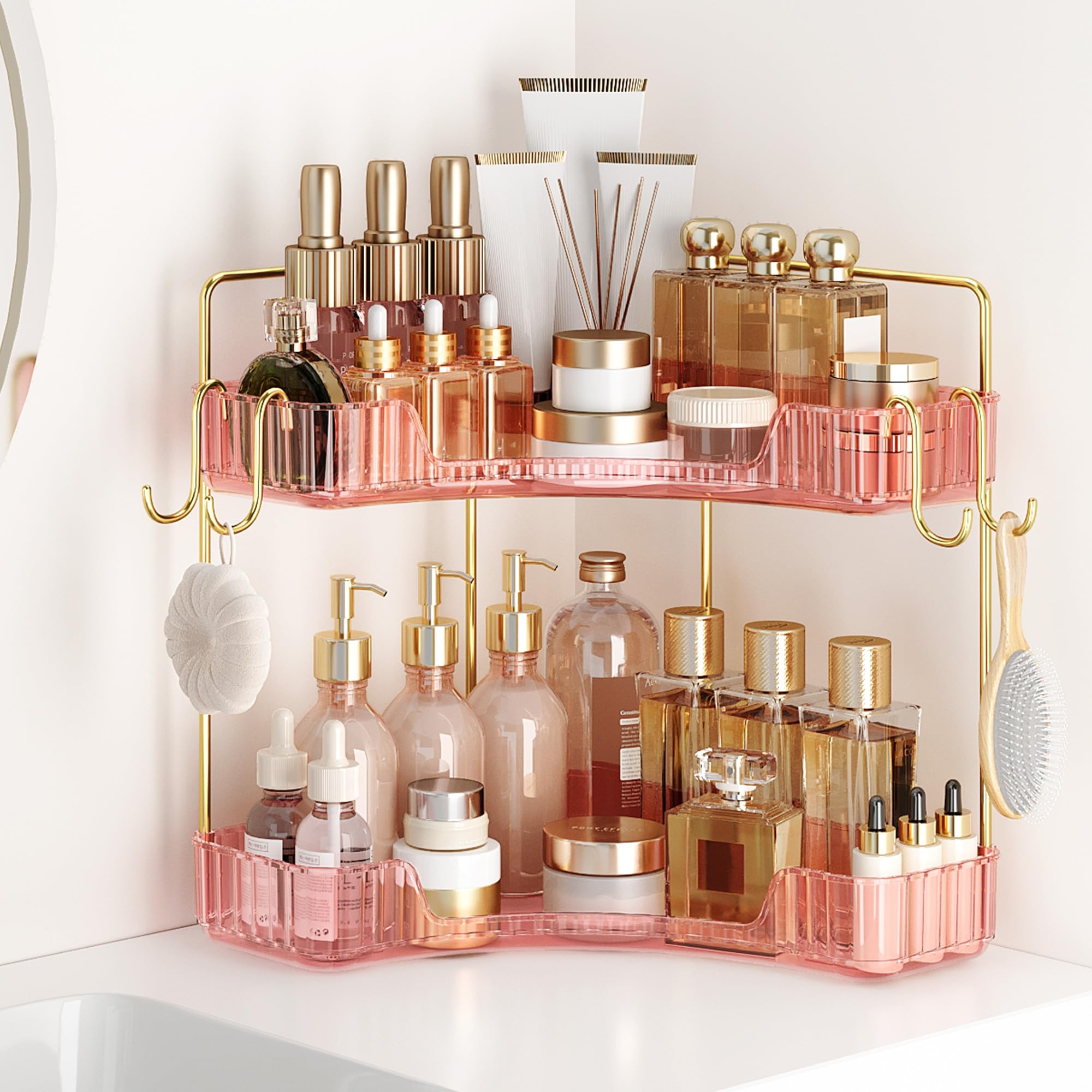 Kinkota Delicate Pink 2-Tier Corner Counter Organizer with Expandable Hooks | Bathroom, Kitchen & Vanity Storage for PET Makeup,