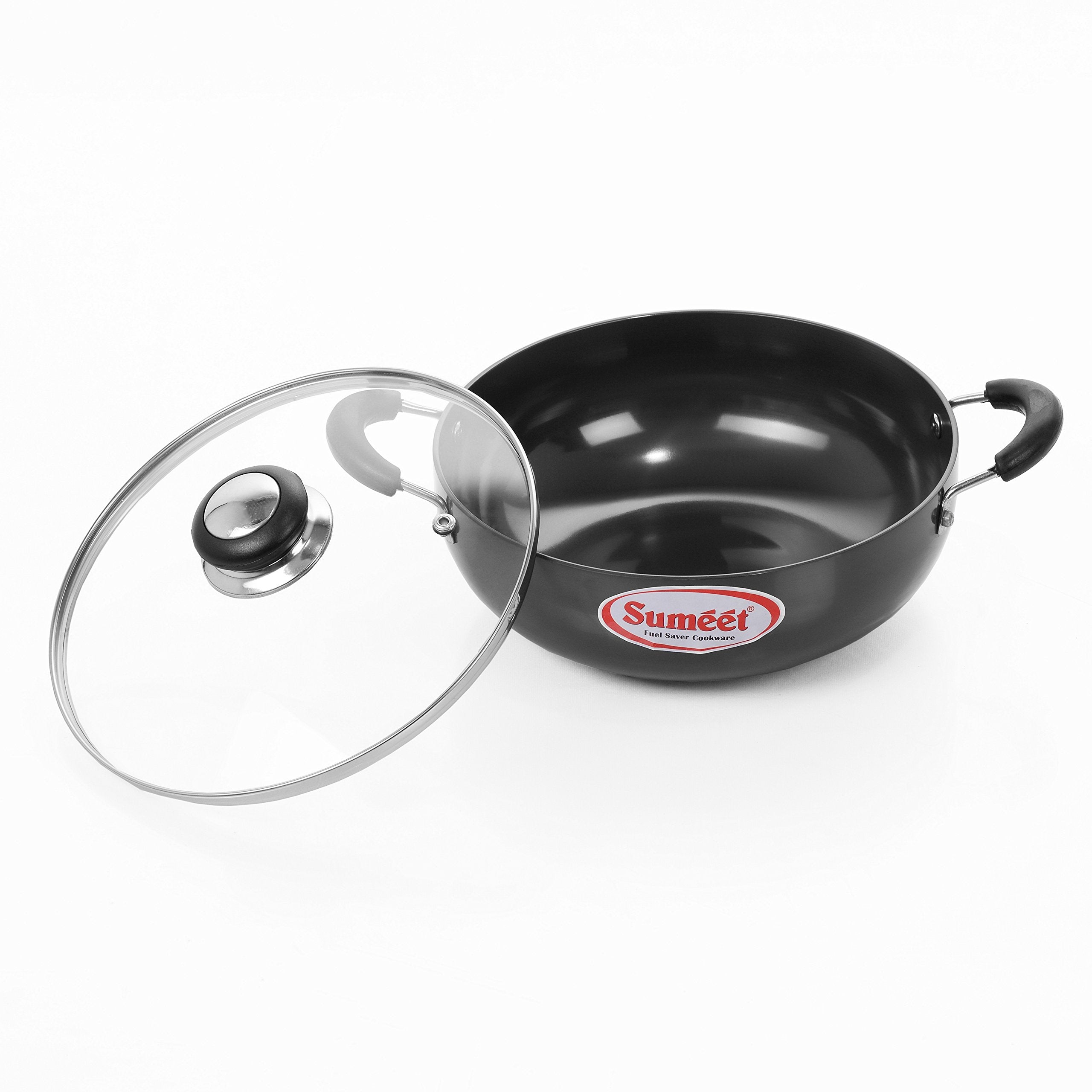 Sumeet Aluminium 3mm Hard Anodized Deep kadai with Glass Lid (17cm Dia. 750ML Capacity   Small Size No. - 9   Black )