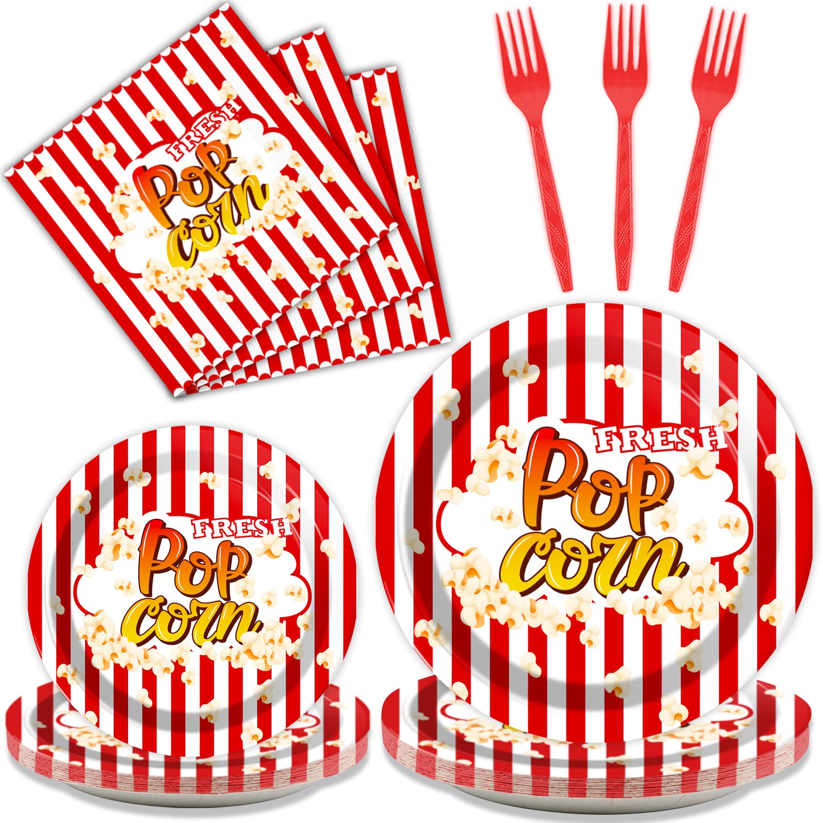 Wiooffen 96 Pcs Popcorn Party Supplies Circus Theme Paper Plates And Carnival Napkins Forks Fresh Popcorn Movie Night Birthday P
