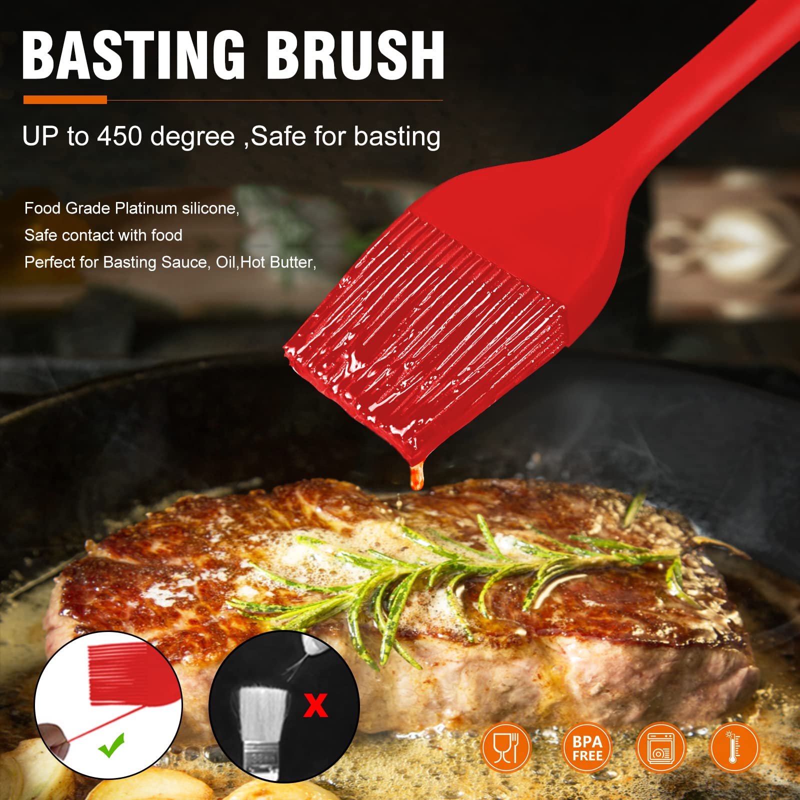 Walfos 3 Size Basting Pastry Brush, Silicone Pastry Brushes For Barbecue, Baking, Desserts, Cooking Brush For Kitchen - Strong S