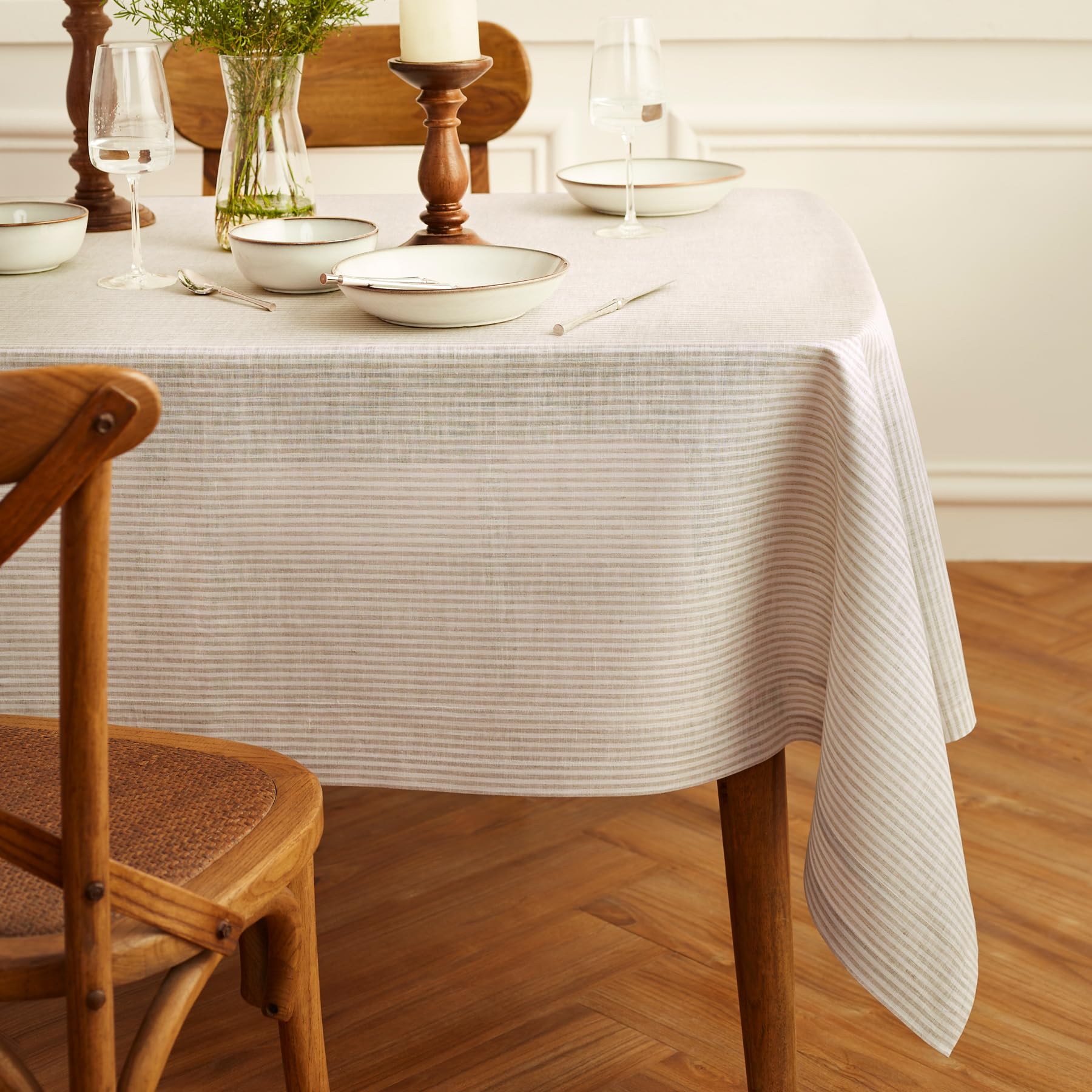 Solino Home Stripe Linen Tablecloth - 100% Pure Linen Natural And White Tablecloth 90'' L X 60'' W For Spring, Easter - Handcraf