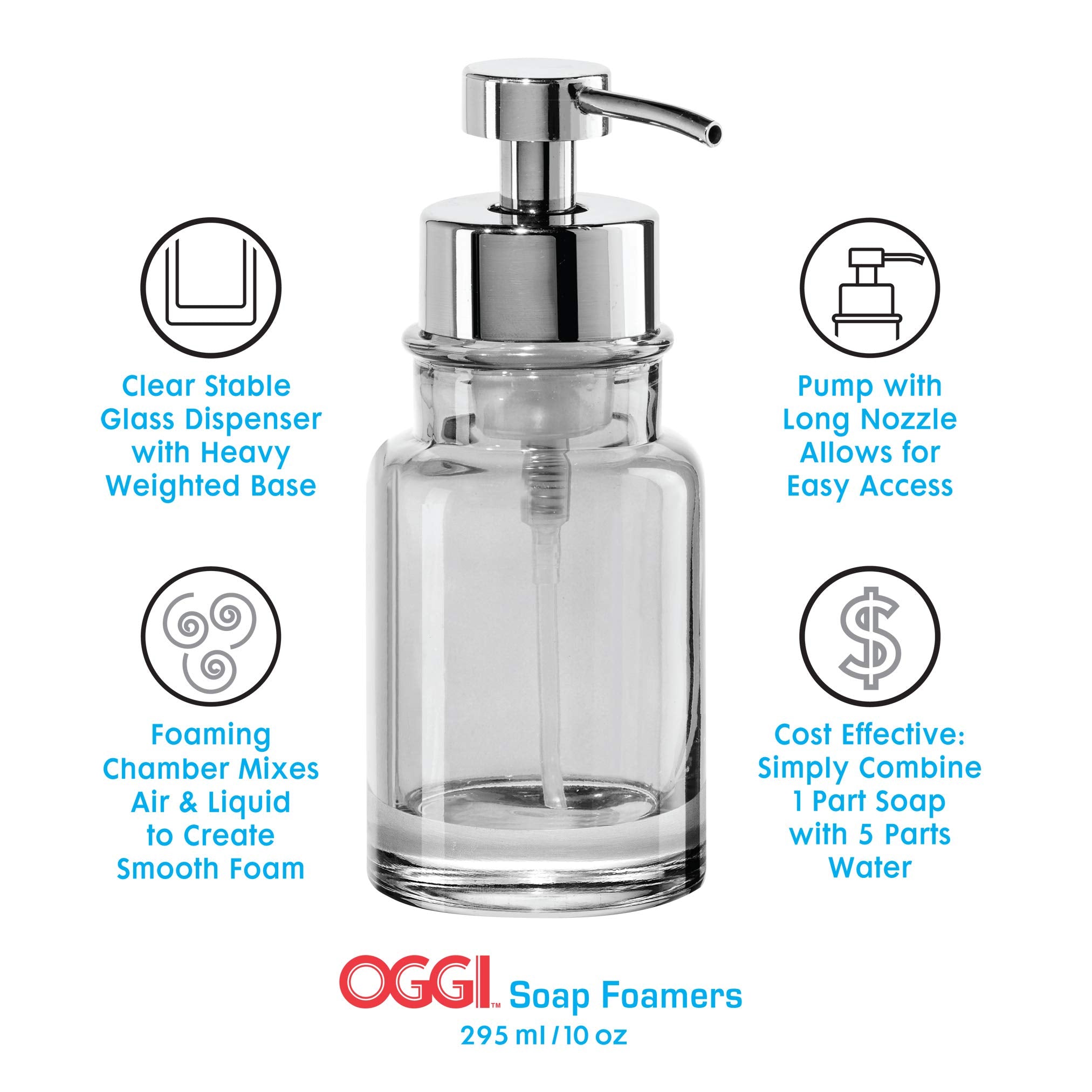Oggi Glass Foaming Soap Dispenser, 10oz, Round Heavy Glass, Aqua/Chrome, Stylish Refillable for Bathroom and Kitchen, Model 5715.6