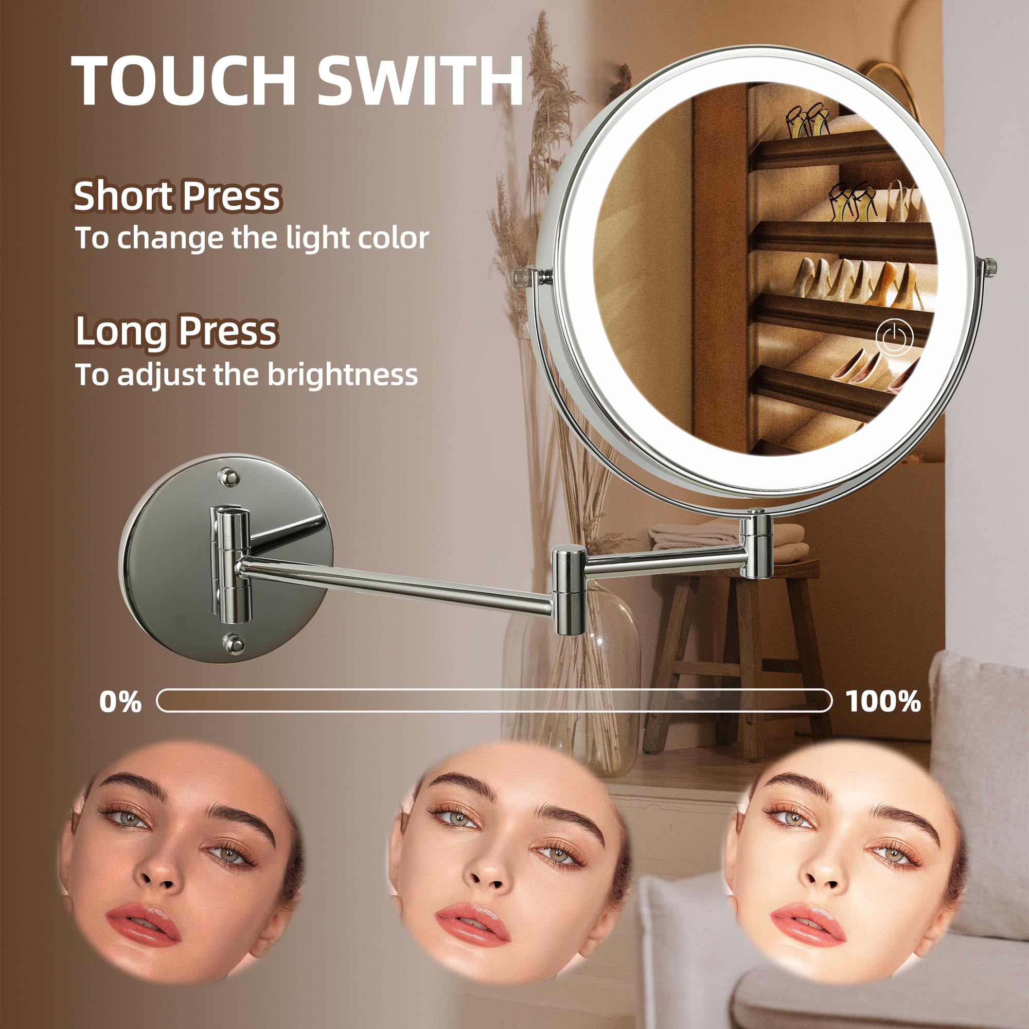 Slimoon 8'' Wall Mounted Lighted Makeup Mirror With Magnification, 1X/10X Magnifying Mirror With Light, 3 Color Lights, Extendab