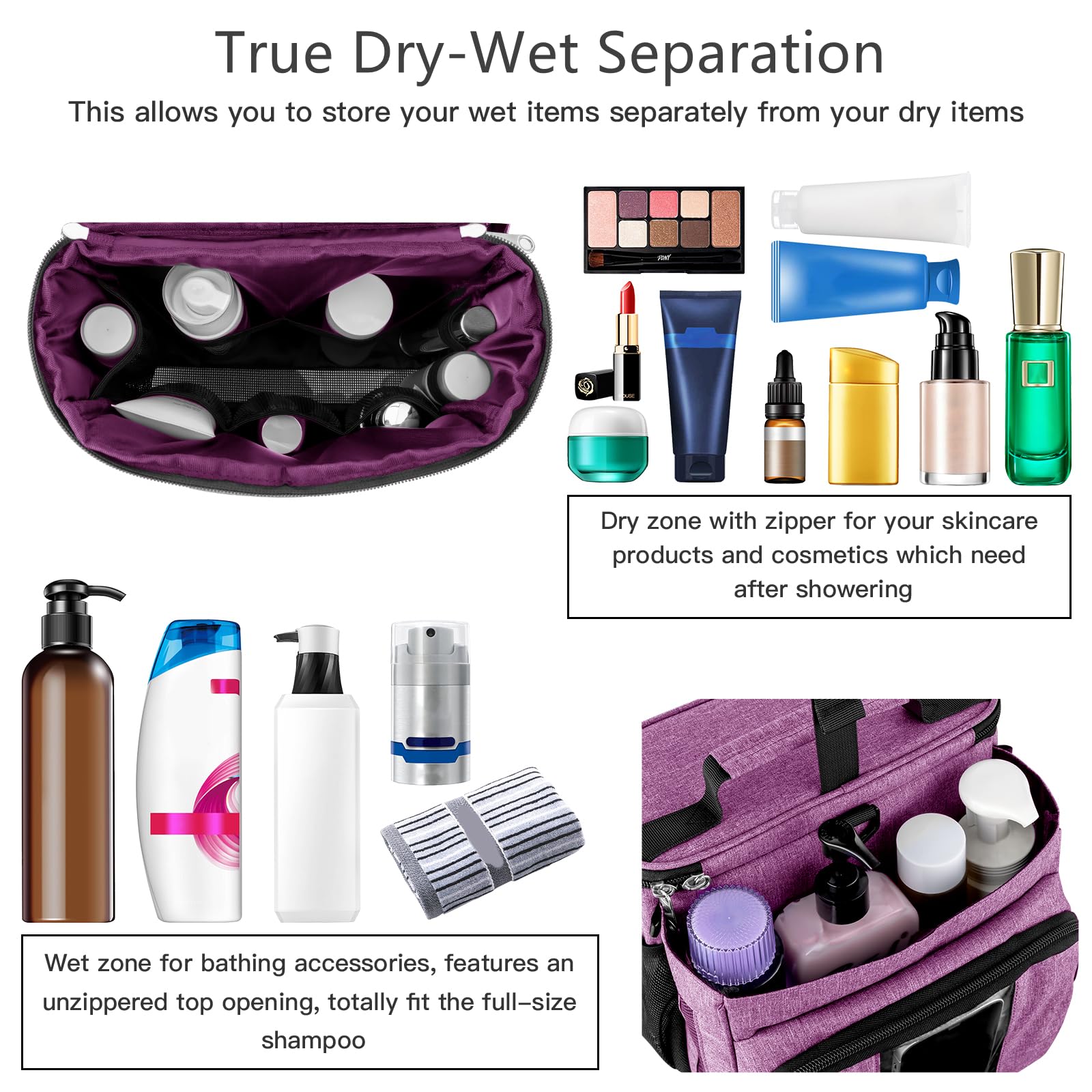 Bukere Portable Shower Caddy College Dorm Room Essential  Shower Caddy Tote Bag for Student  Girl  Women  Separate Compartment  Large Capacity  Quick Dry Mesh Base for Travel  Gym  Camp  Purple