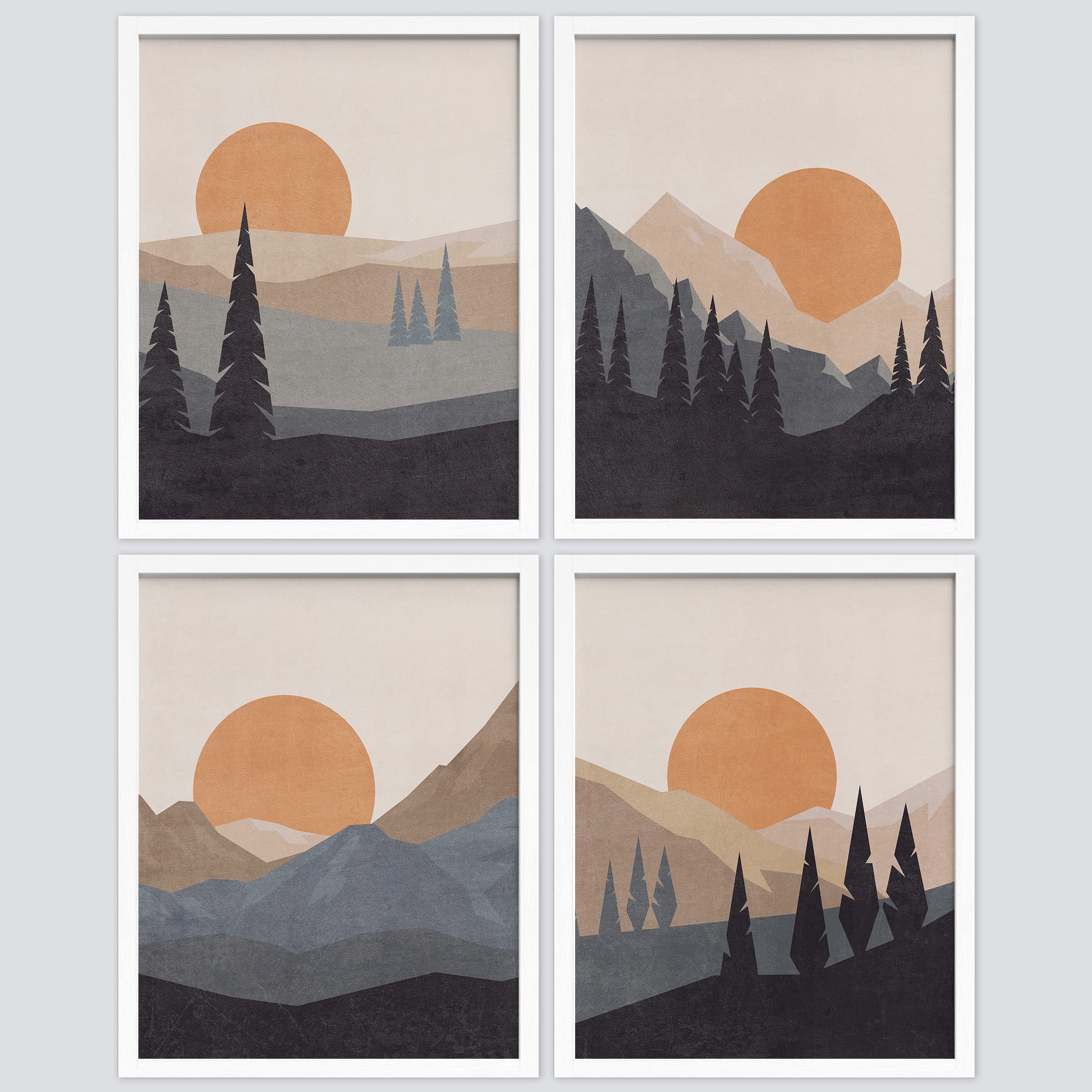 Signwin Framed Sunlight Sunset Sunrise Mountain Wall Art, Set Of 4 Forest Landscape Wall Decor Prints, Wilderness Nature Wall D