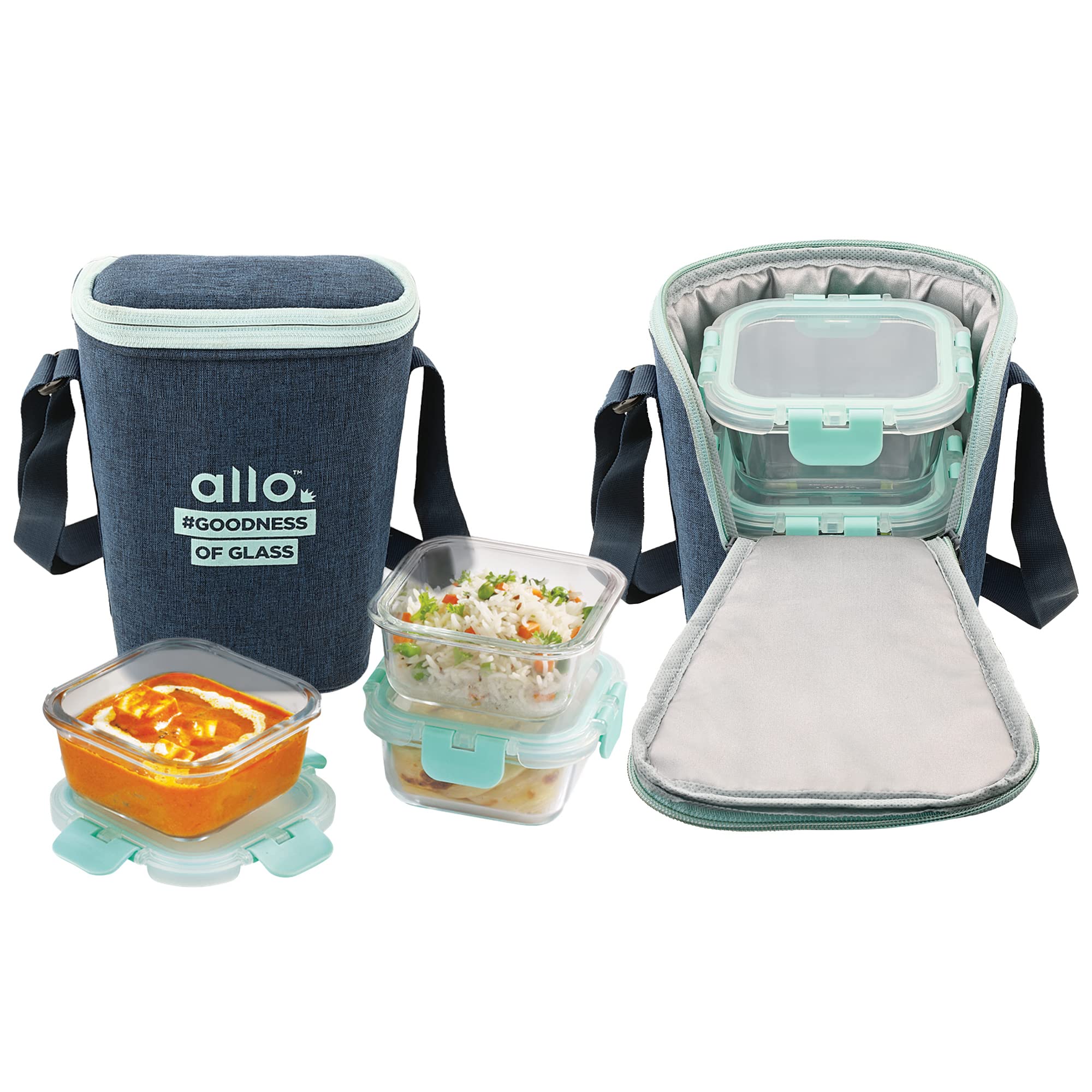 Allo FoodSafe 310ml x 3 Glass Lunch Box with Break Free Detachable Lock, Oven Safe Microwave Safe High Borosilicate, Office Tiff