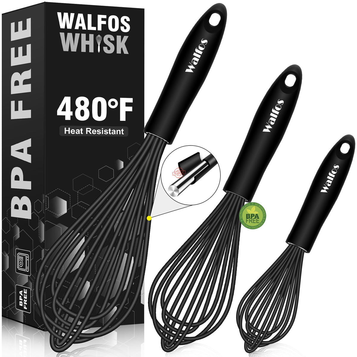 Walfos Silicone Whisk,Stainless Steel Wire Whisk Set Of 3 -Heat Resistant 480F Kitchen Whisks For Non-Stick Cookware,Balloon Egg