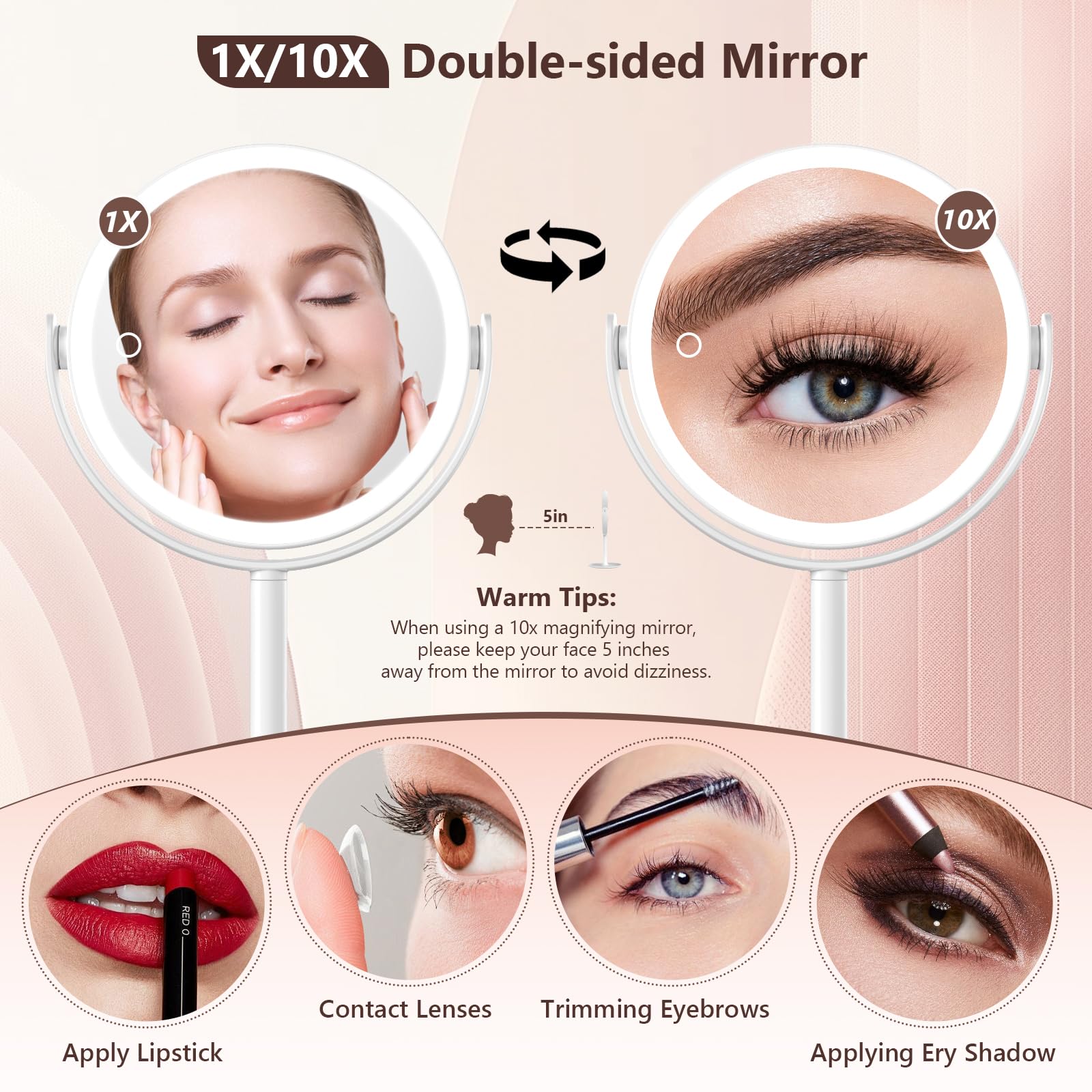Loksengtech Lighted Makeup Mirror,1X/10X Magnifying Mirror With 3 Colors Lights,Rechargeable Double-Sided Face Mirror,Brightness