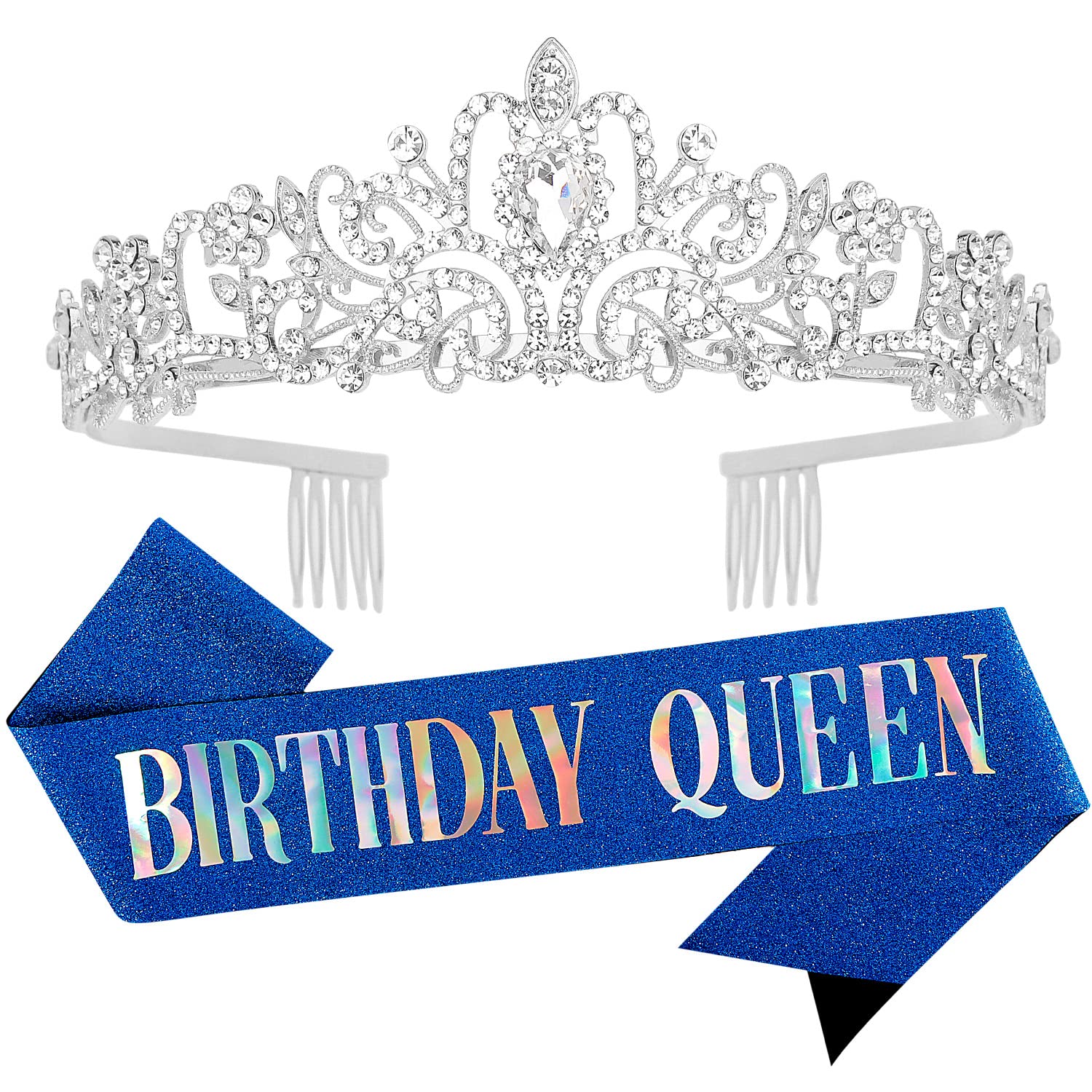Velscrun Happy Birthday Queen Silver Tiara Crowns For Women, Birthday Blue Sash, Birthday Party Favors Supplies Birthday Gift Fo