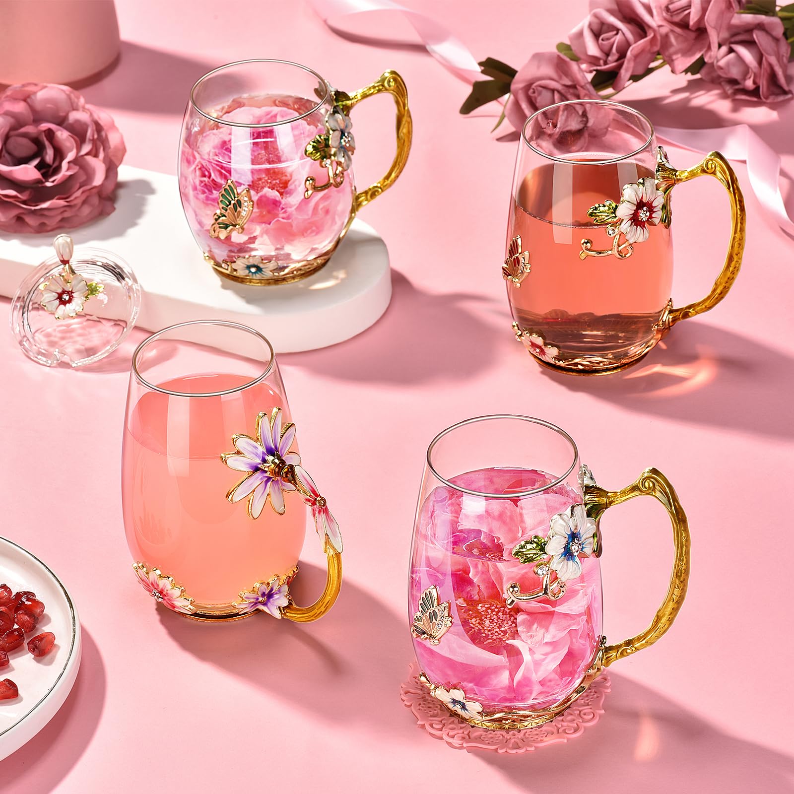 Wisolt Glass Flower Tea Cup with Tea Spoons Elegant Butterfly Tea Cup for Coffee Tea Juice Milk Gift Ideas for Women Mom Wife Fr