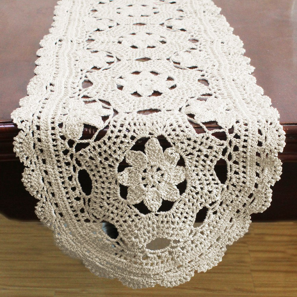 Kepswet Cotton Floral Oval Handmade Crochet Lace Table Runner Beige (12X36 Inch)
