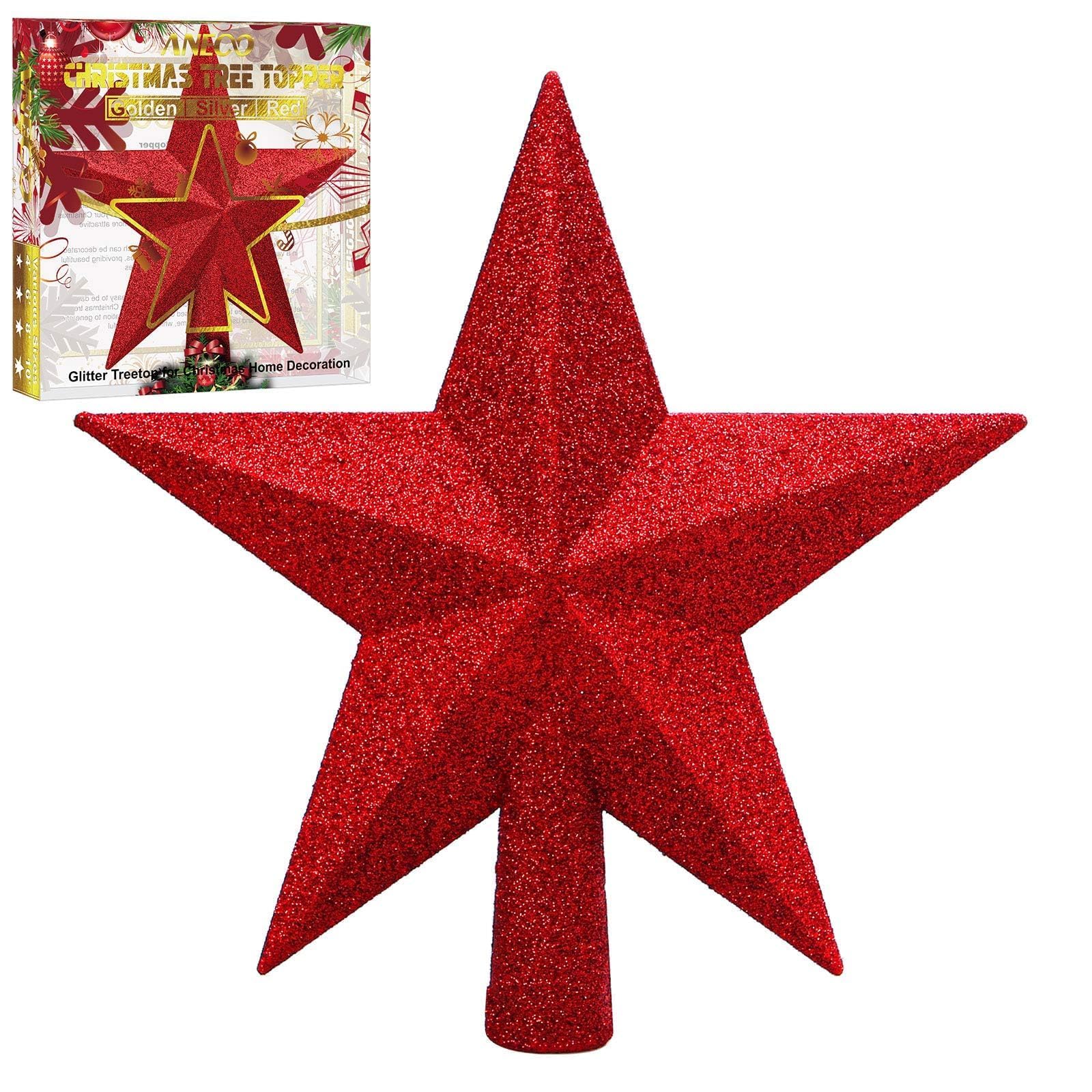 Aneco Red Glitter Mini Christmas Tree Topper Shatter-Proof 6 Inch Christmas Tree Decoration Treetop for Holiday Ornament or Home