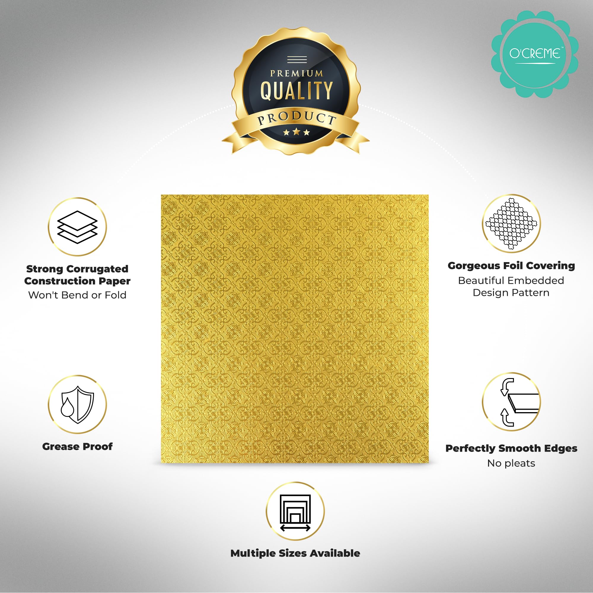 Ocreme Cake Board, Gold Foil Square Cake Drum With Gorgeous Design, Sturdy & Durable 1/2    Thick Cake Drums, Square Cake Boards