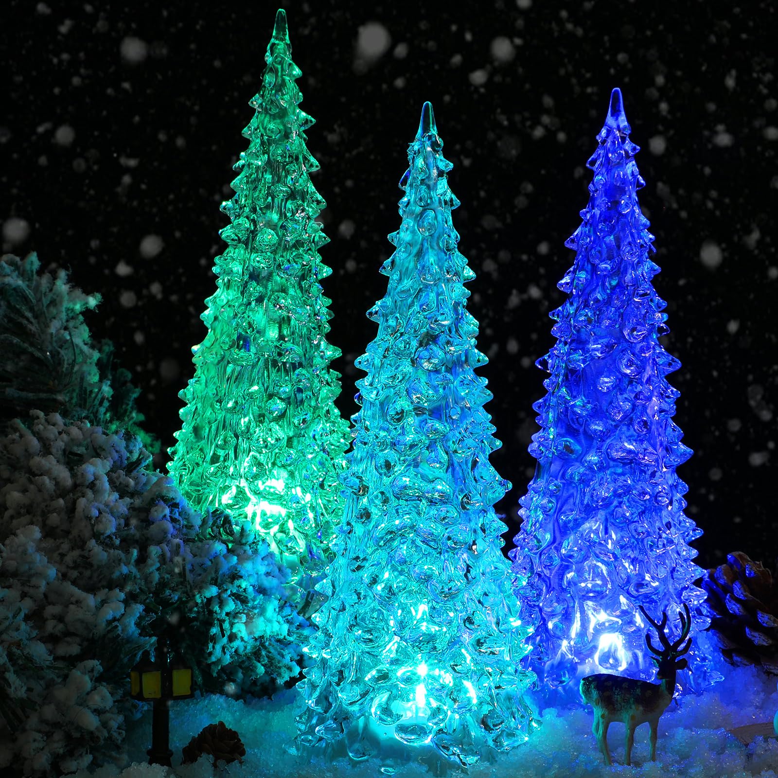 Baquler 3 Pcs Acrylic Lighted Christmas Tree 8.66'' Colorful LED Night Light Xmas Table Top Holiday Decoration Color Changing Li