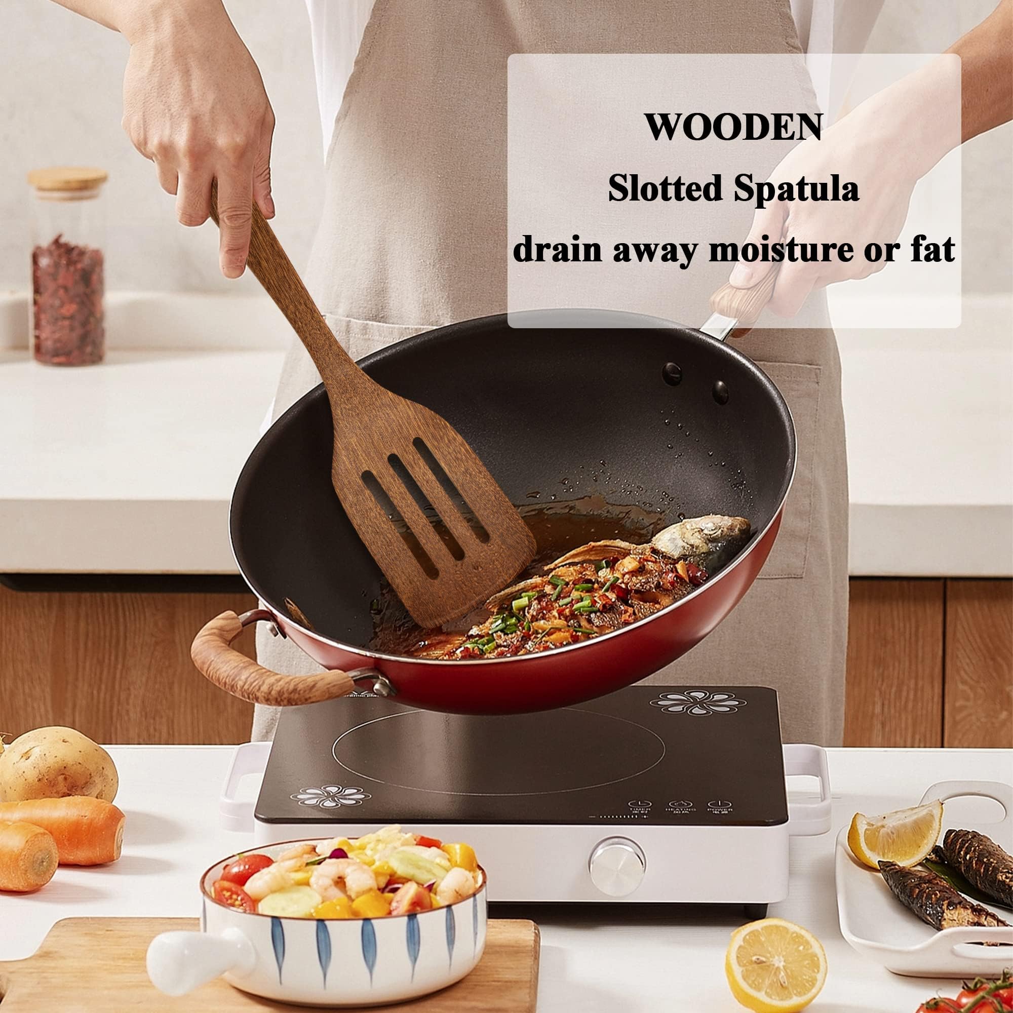 Wooden Spatula for Cooking 12 Inches Wood Spatula Slotted Turner Cooking Utensils for Nonstick Cookware  Kitchen Spatula for Fish  Eggs  Pancakes  2 Pack