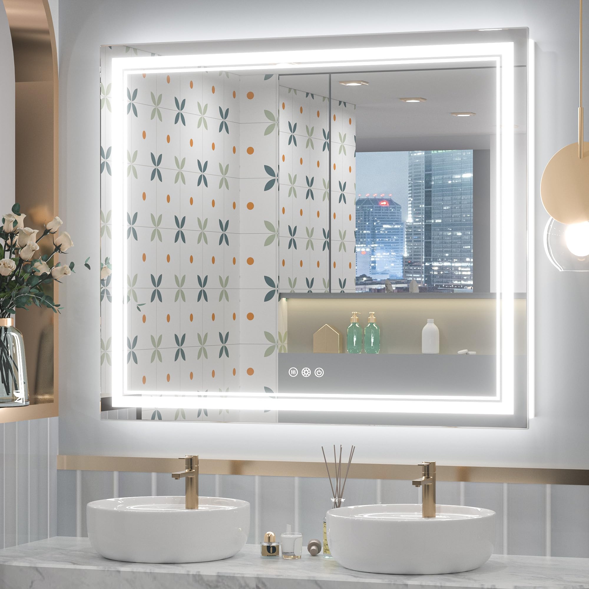 Keonjinn Bathroom Led Mirror 42 X 36 Inch Frontlit And Backlit, Stepless 3 Colors Temperature & Dimmable Tempered Glass Mirror,