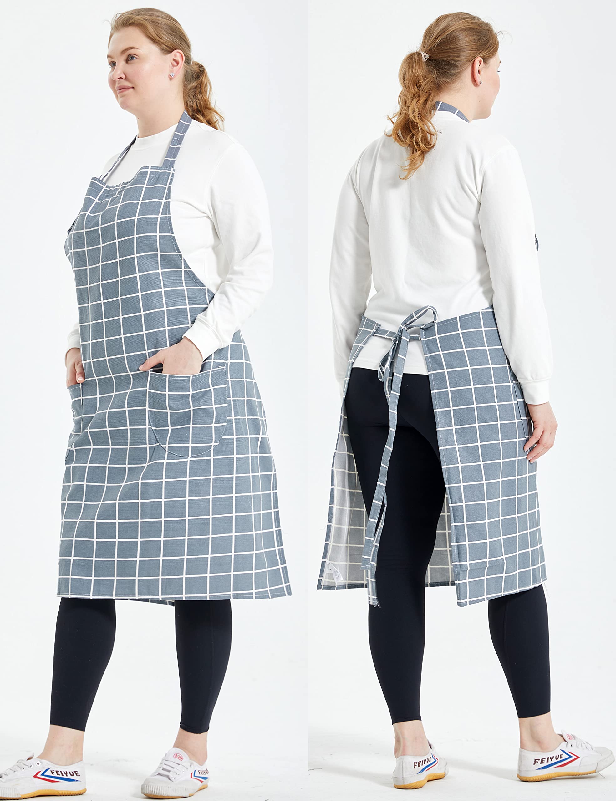 APRONNER Cotton Linen Baking Plus Size Aprons for Women with Pockets Kitchen Cooking Grey Grid