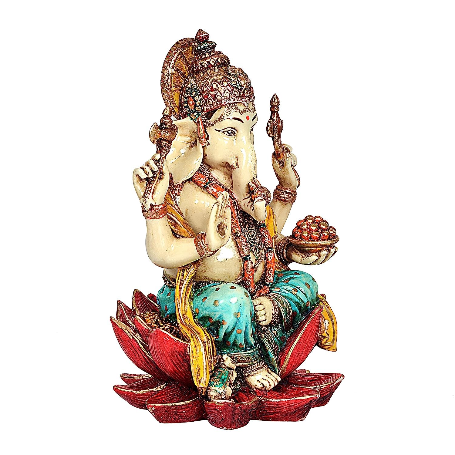 Aona Polyresin Ganesha Statue Idol Murti On Lotus For Temple Home Decor | Height : 7 Inches (Orange)