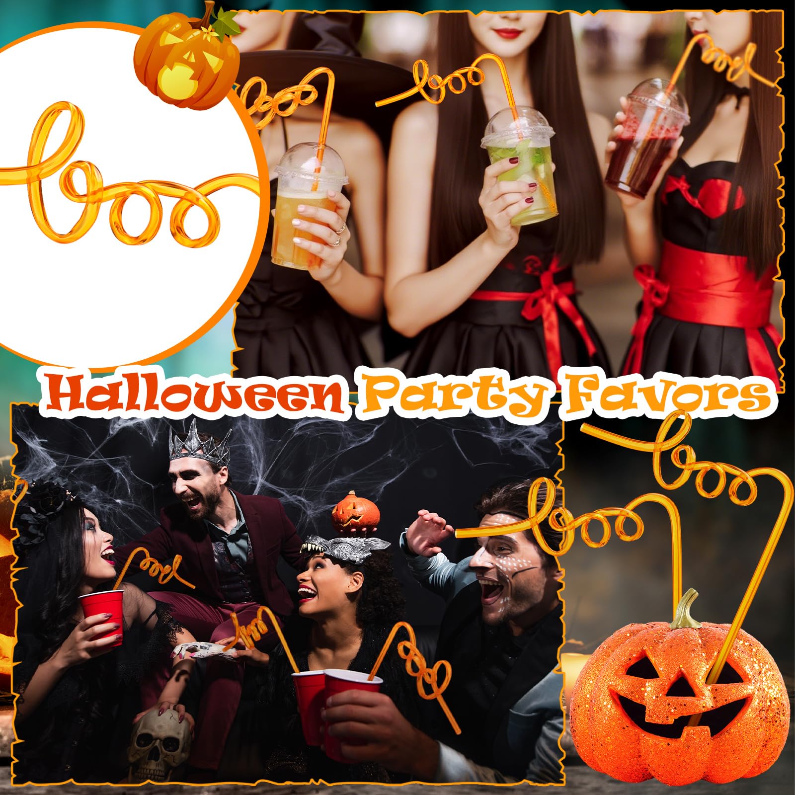 Potchen 50 Pcs Halloween Boo Straws Decoration Bulk Funny Orange Plastic Straws Halloween Fall Thanksgiving Party Gifts Supplies