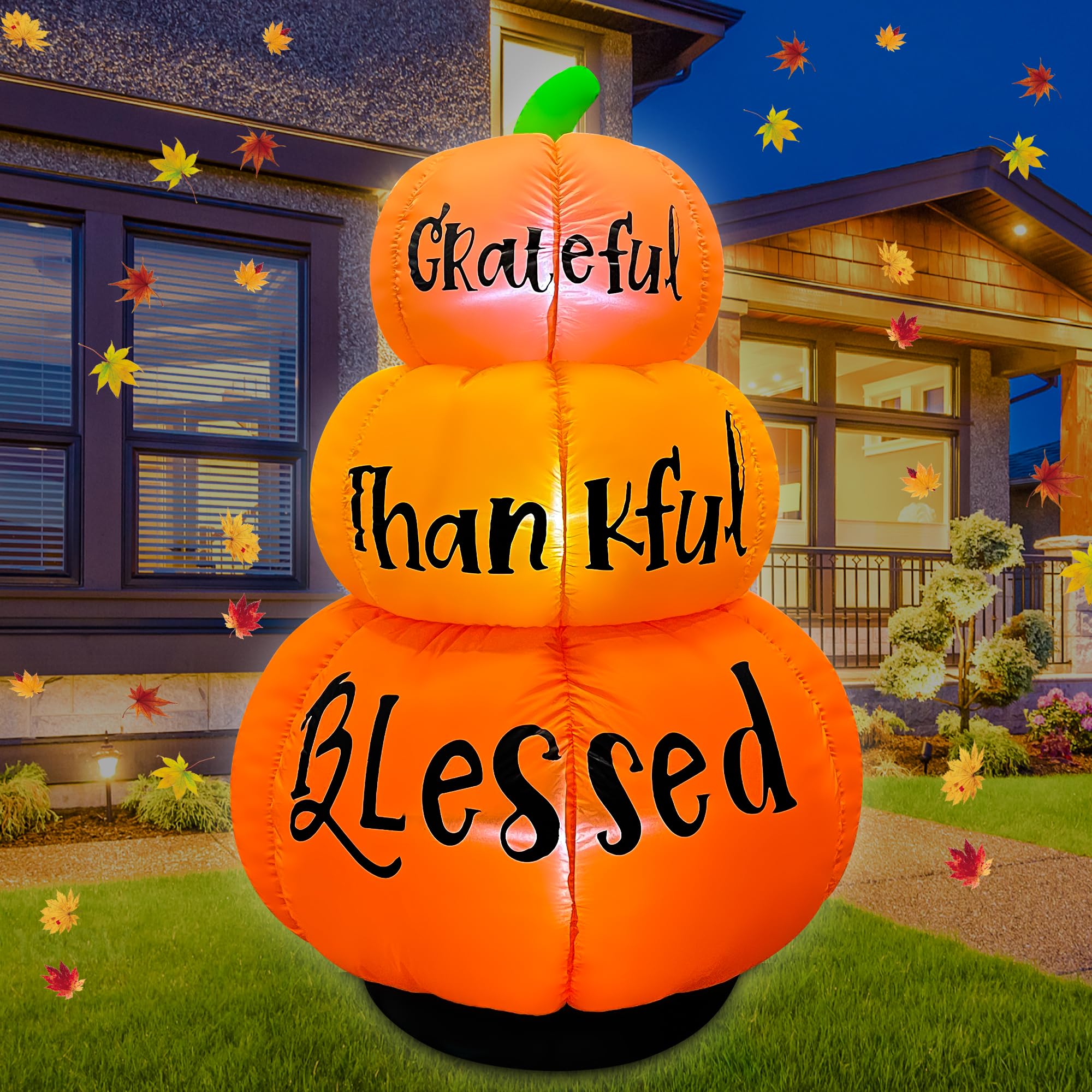 JOYEASE Thanksgiving Inflatables,6FT Stacked Pumpkins Decoration Built-in LEDs Fall Blow up Grateful Thankful Blessed Thanksgivi