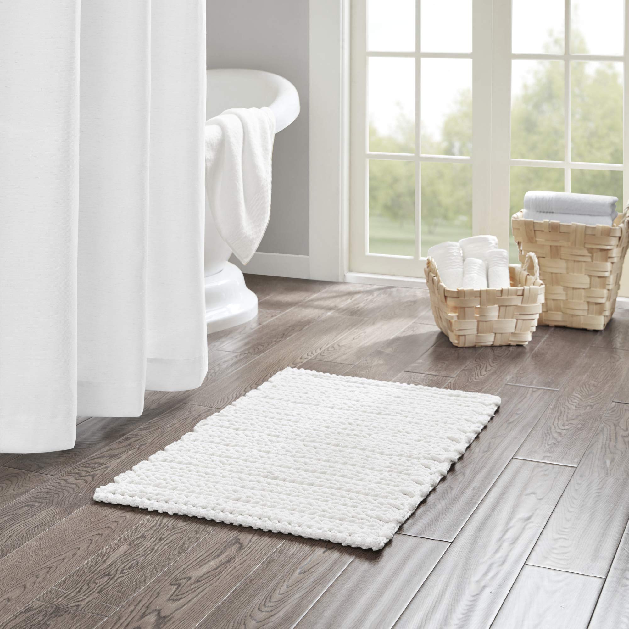 Madison Park Lasso 100% Cotton Chenille Chain Woven Stitch Bathroom Rug - Non Slip - Absorbent, Quick Dry Bath Mat, 20x30, White