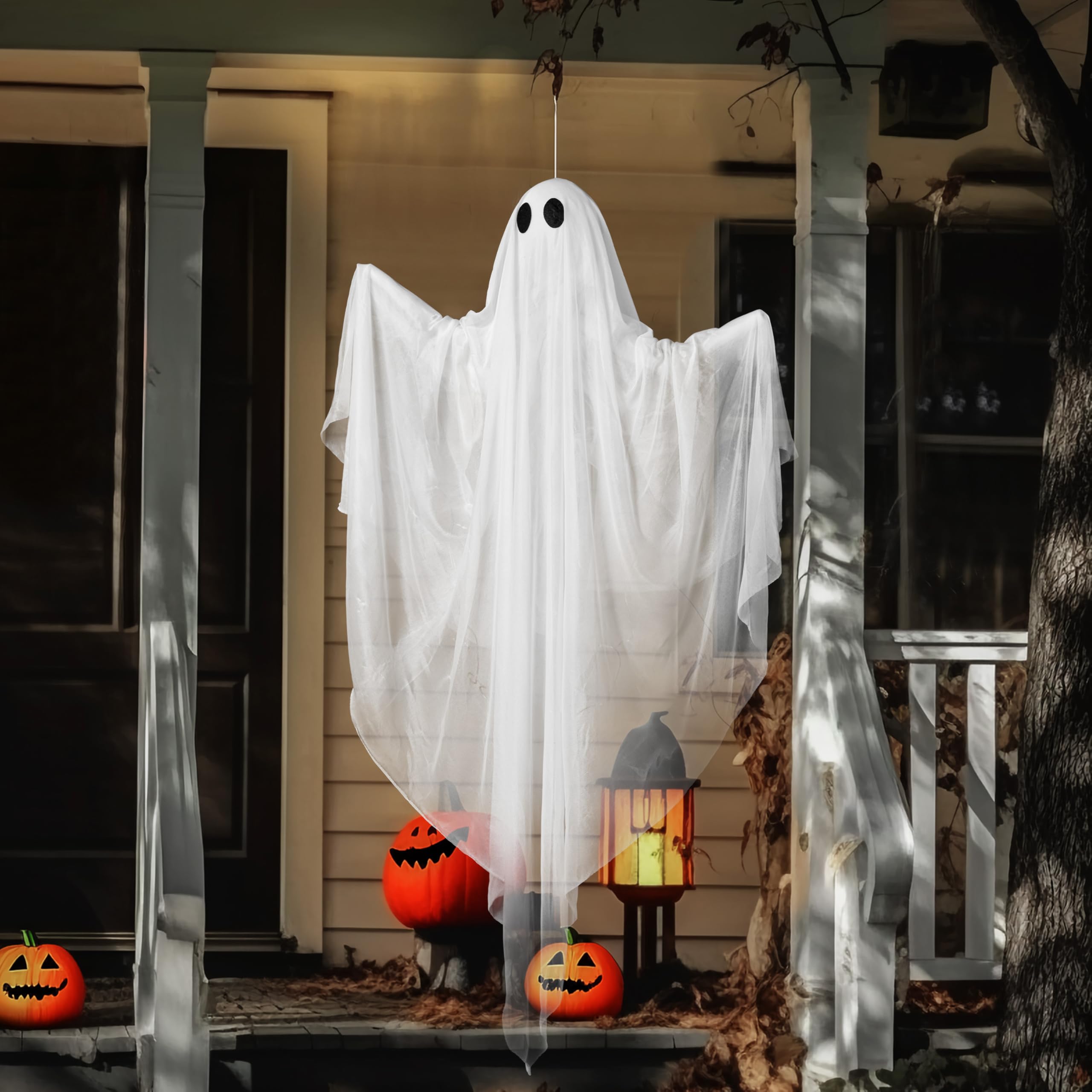 JOYIN Halloween Hanging Light up Ghost with Spooky Blue LED Light, 47    White Ghosts Halloween Hanging Decoration for Front Yar