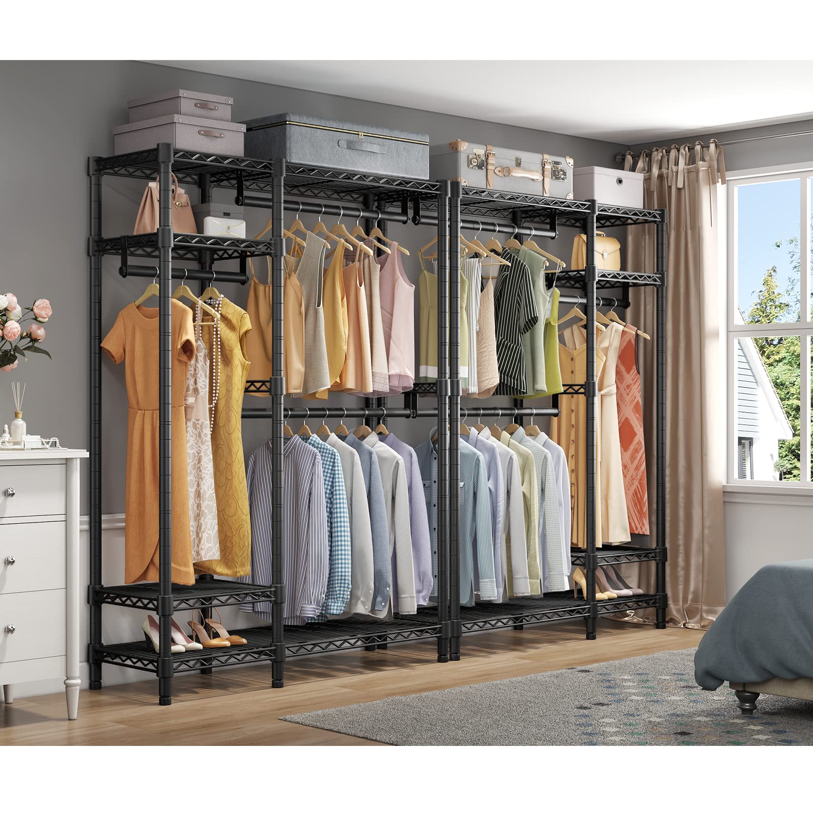 Vipek V2 Garment Rack Metal Clothing Rack For Hanging Clothes, 4 Tiers Wire Shelving Clothes Rack With 3 Hanging Rods, Free Stan