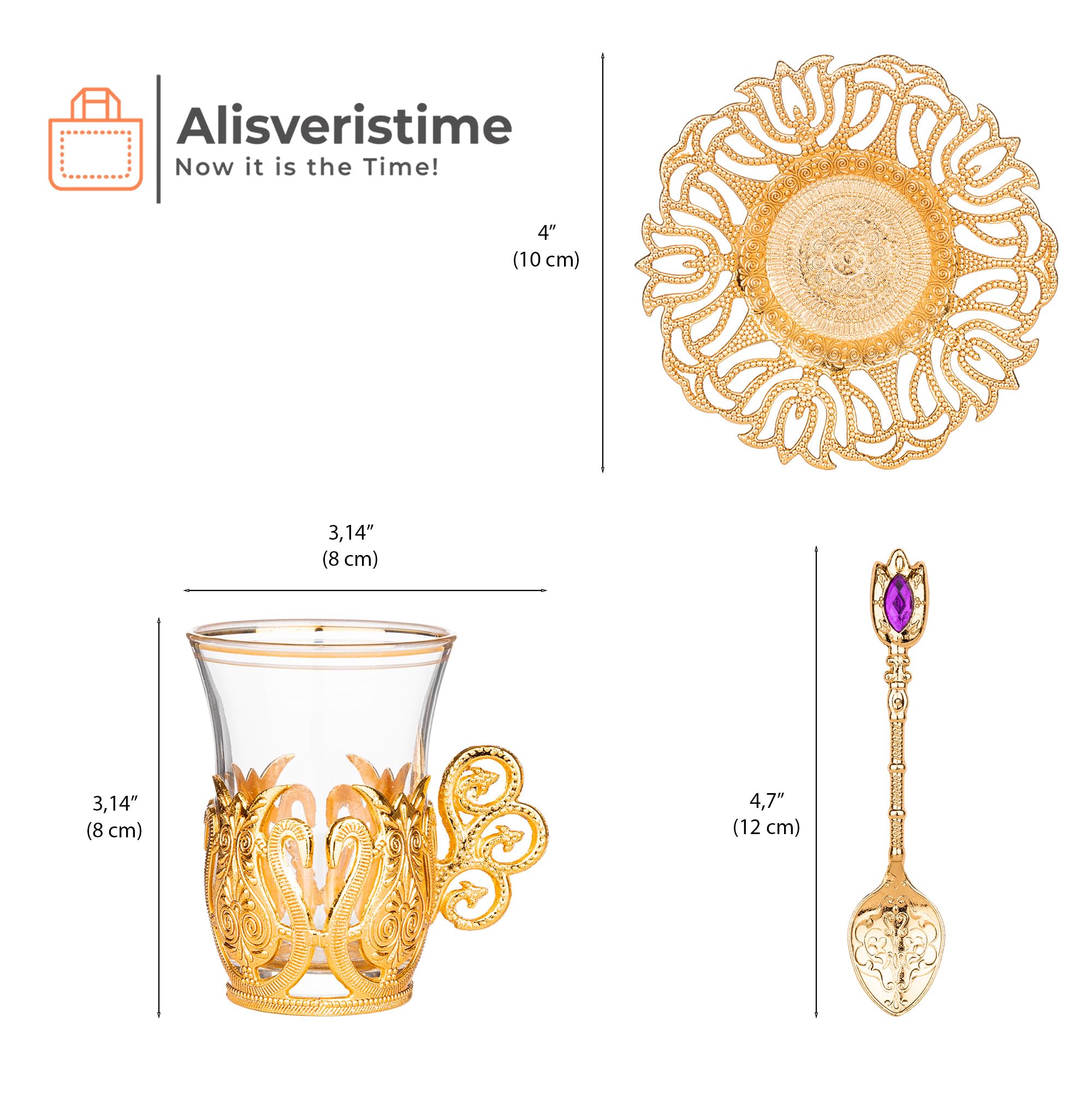Alisveristime (Set Of 6 Handmade Turkish Tea Water Zamzam Serving Set Glasses Saucer And Spoon (Ottoman) (Gold)
