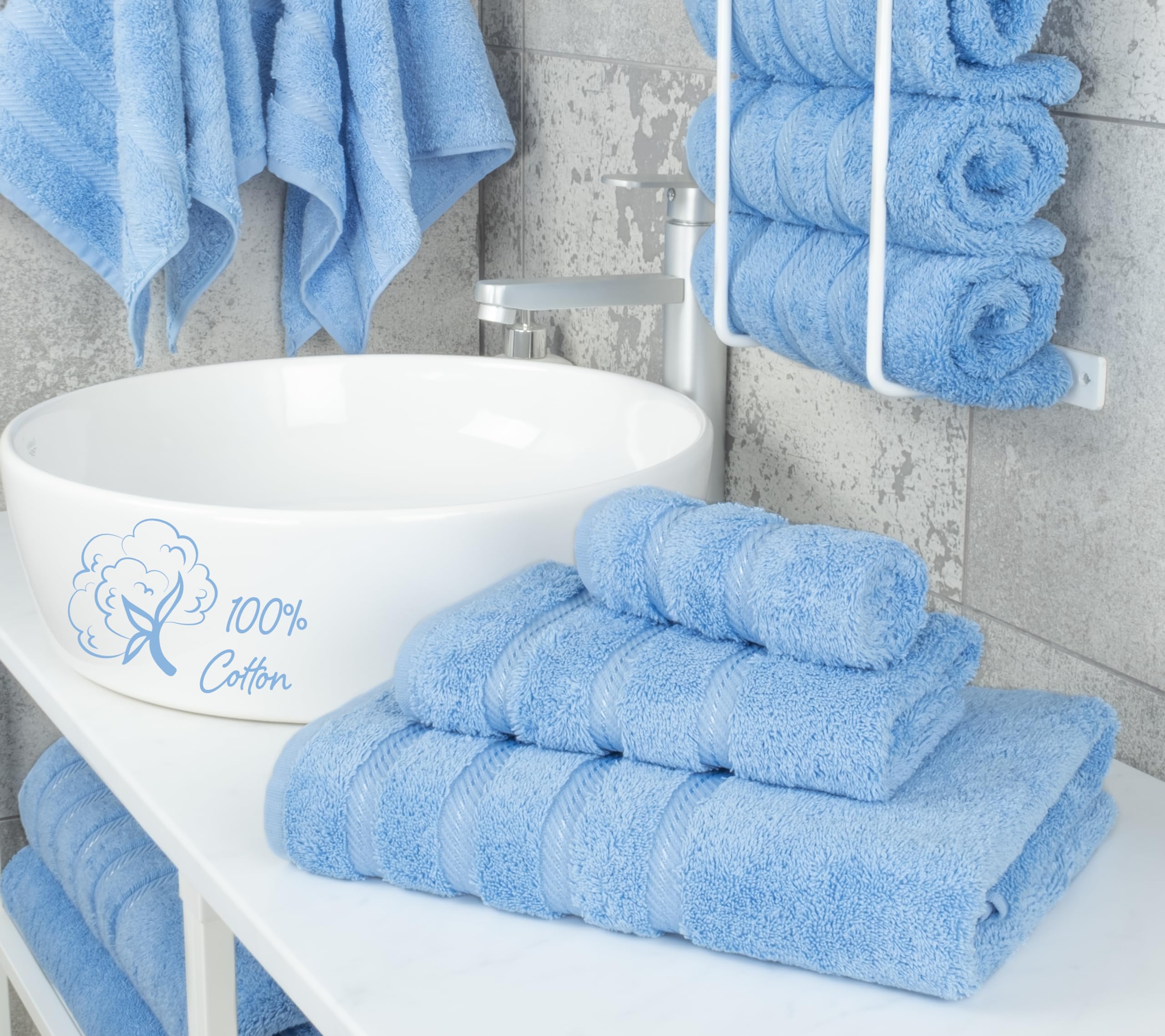 American Soft Linen Luxury 3 Piece Towel Sets  1 Bath Towel 1 Hand Towel 1 Washcloth  100% Turkish Cotton Towels for Bathroom  Light Blue Towel Set