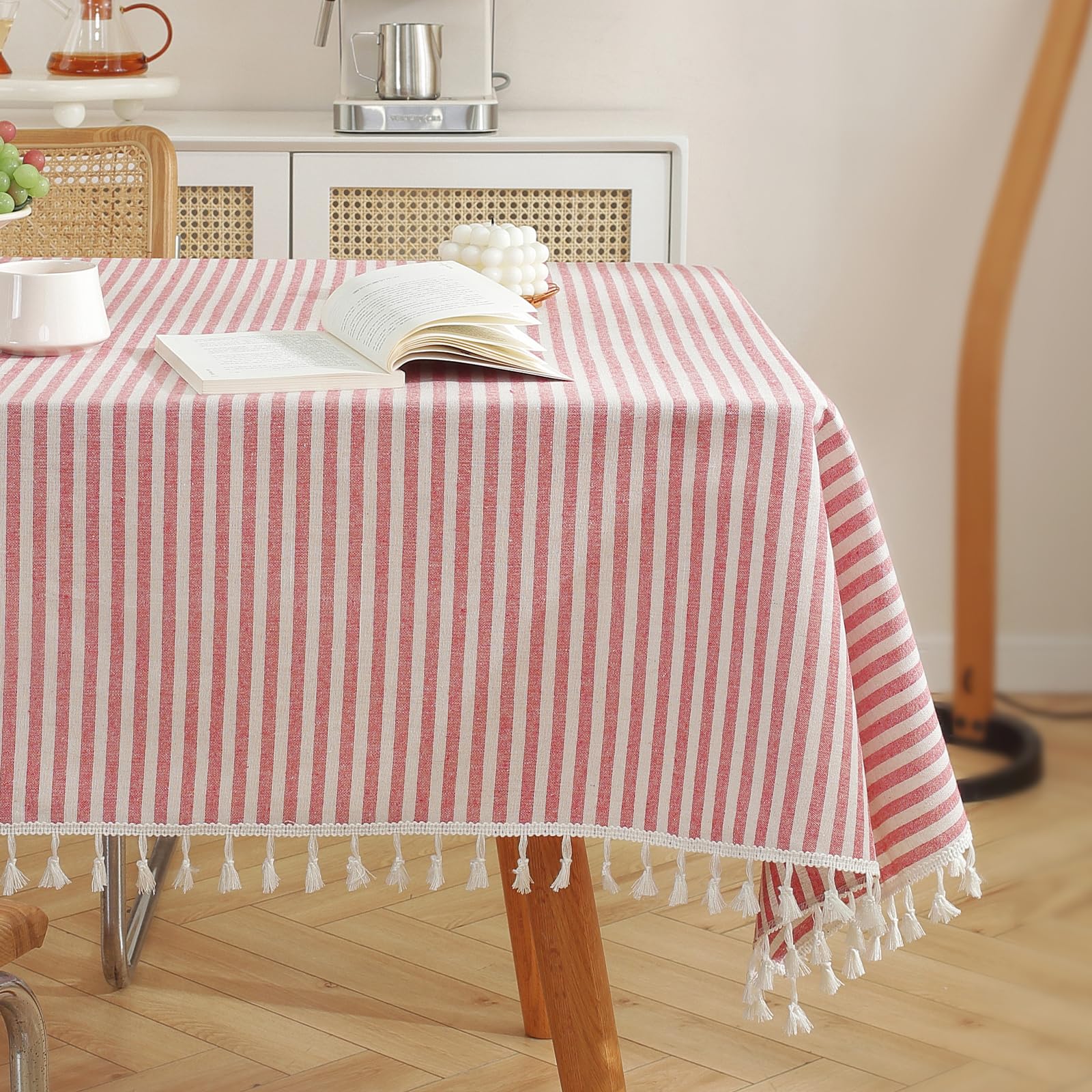 Meioro Table Cloth Red White Striped Tablecloth Tassels Cotton Linen Dust-Proof Table Cover For Dining Coffee Buffet Kitchen Pic