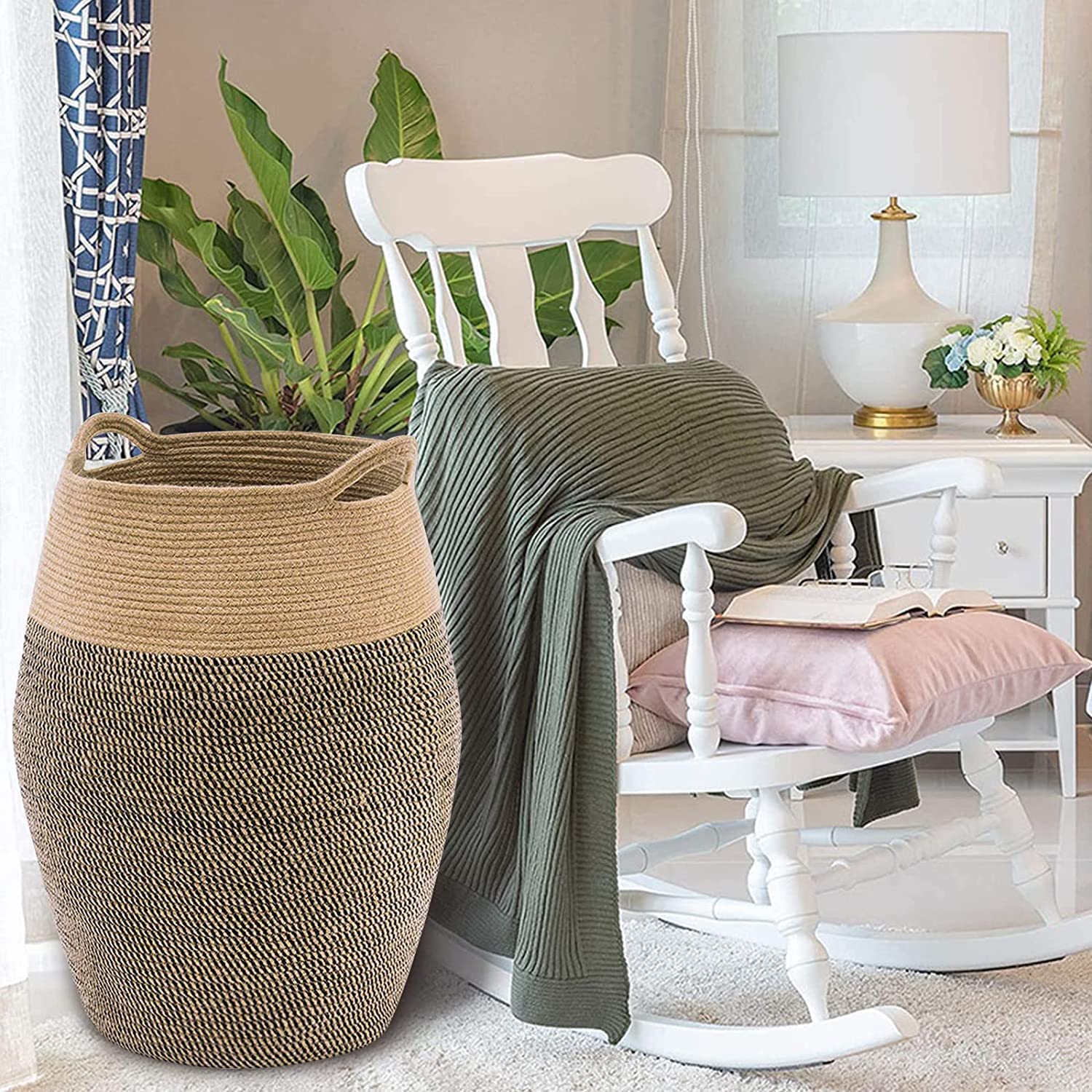 Tall Laundry Basket, 105L Large Laundry Hamper With Handles Tall Wicker Jute Woven Storage Basket For Dirty Clothes Blankets Tow