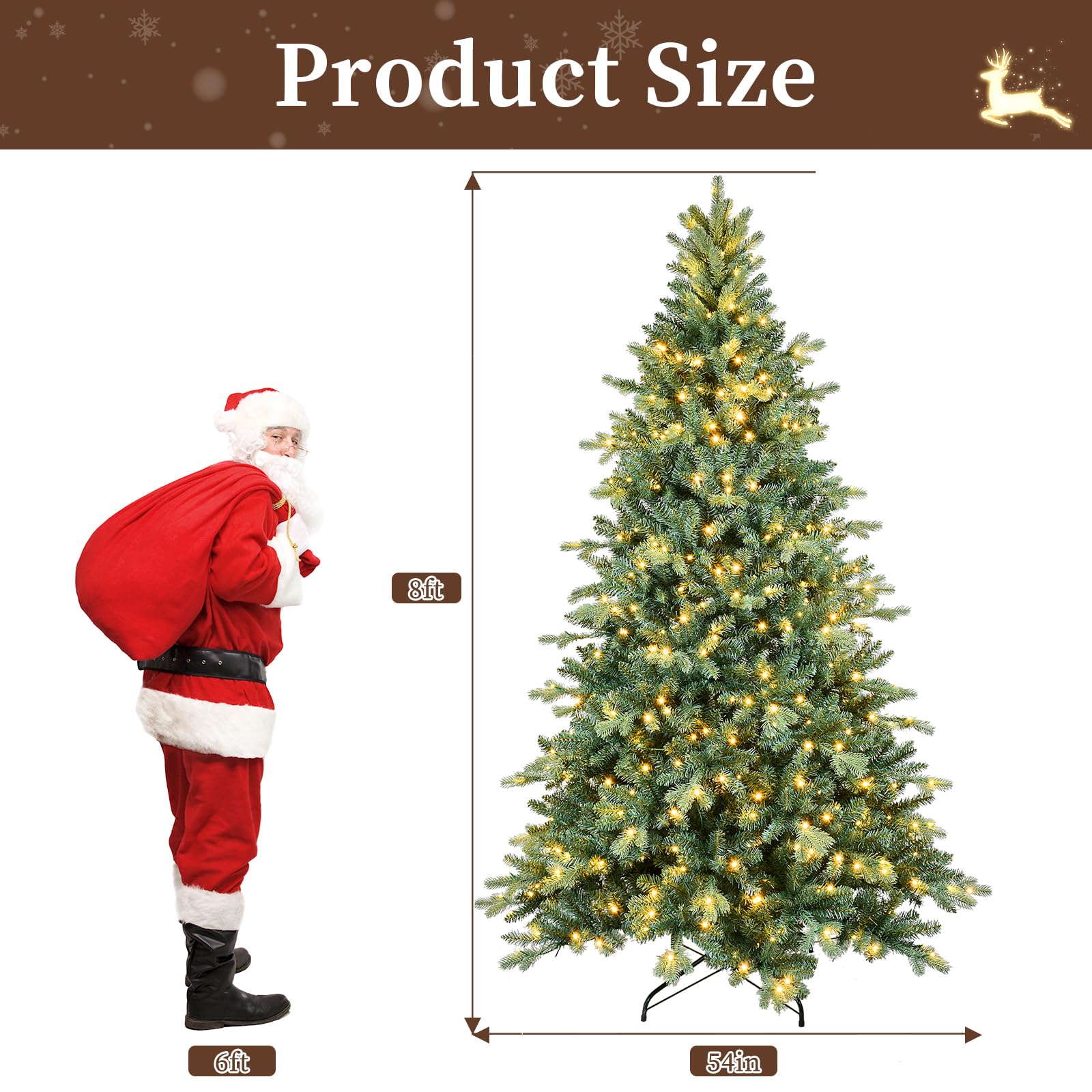 8ft Blue Spruce Artificial Christmas Tree Pre Lit with 750 Lights Hinged Branch Xmas Tree with Foldable Metal Tree Stand for Chr