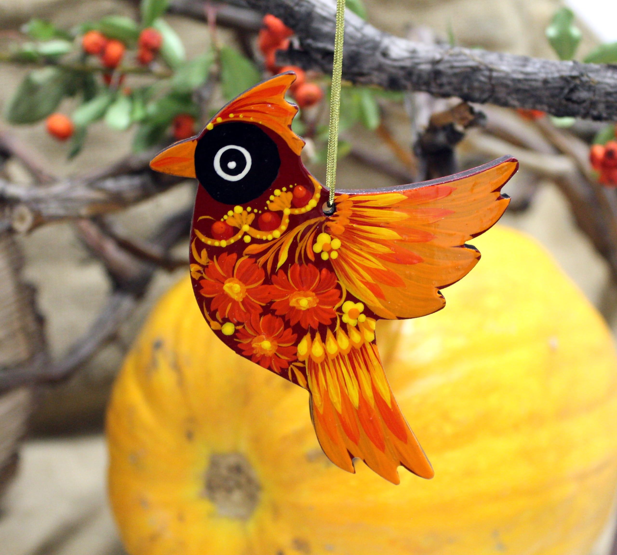 Christmas Tree Ornament Cardinal Bird Wooden Flat Hanging Cardinal Unique Decoration 3.7 x 3.5 x 0.2 inch, Floral Hand-painted i
