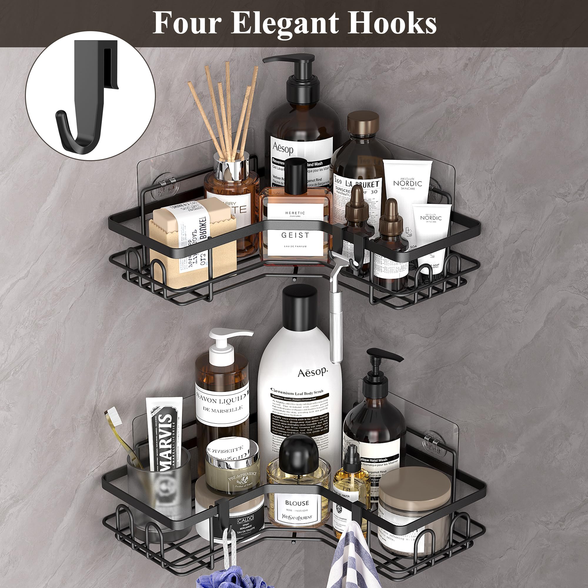 Huggiegems 3 Pack Corner Shower Caddy Organizer Shelf With Hooks, Black Bathroom Shelves Storage Organization
