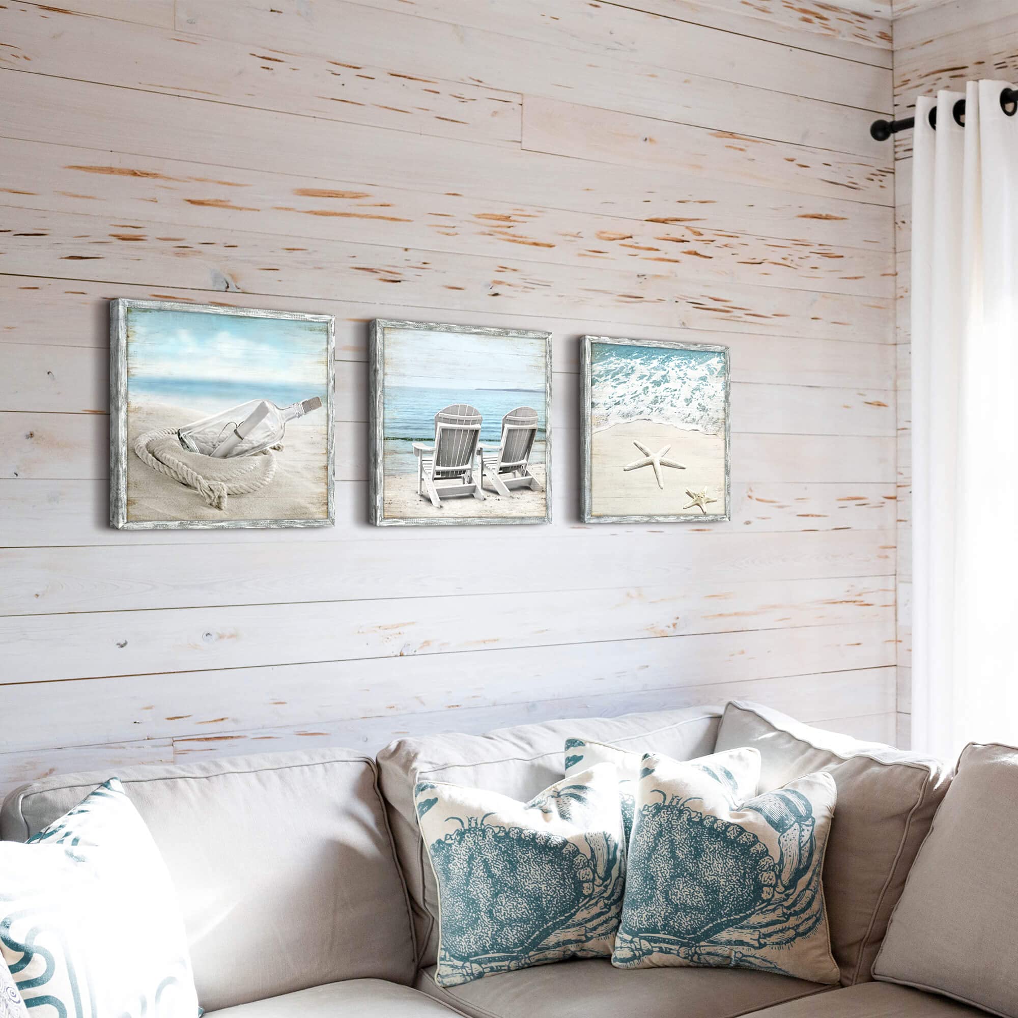 Coastal Pictures Framed Wall Artwork: Seascape Wall Decor Set Of 3 Beach Chairs & Drift Bottle Wall Art Starfish Prints On Wood