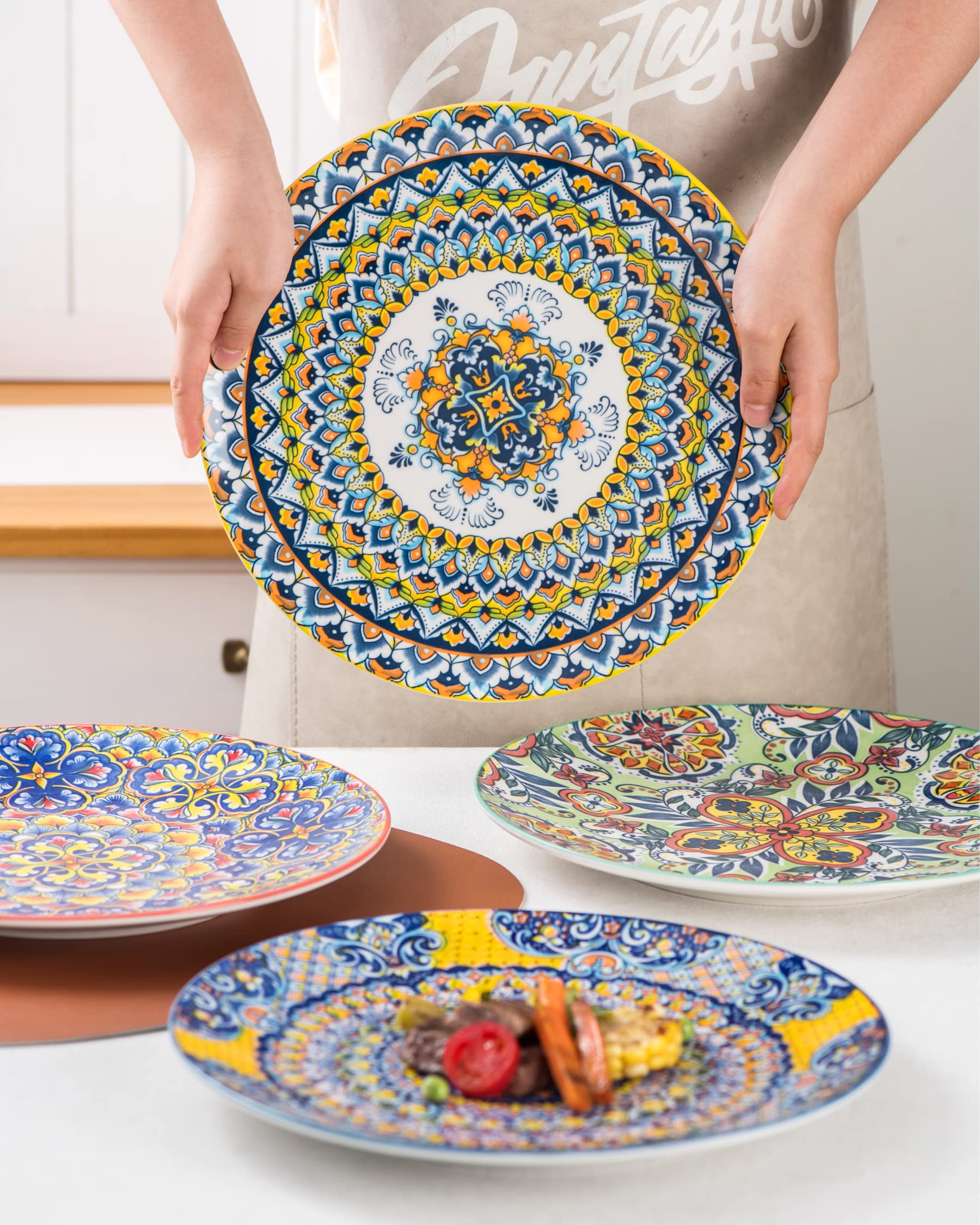 HENXFEN LEAD Ceramic Dinner Plates Set of 6-10.6 Inch Large Dessert  Pasta  Salad Plate  Porcelain Colorful Serving Dishes for Kitchen & Restaurant  Dishware  Microwave & Oven safe - Bohemian Style