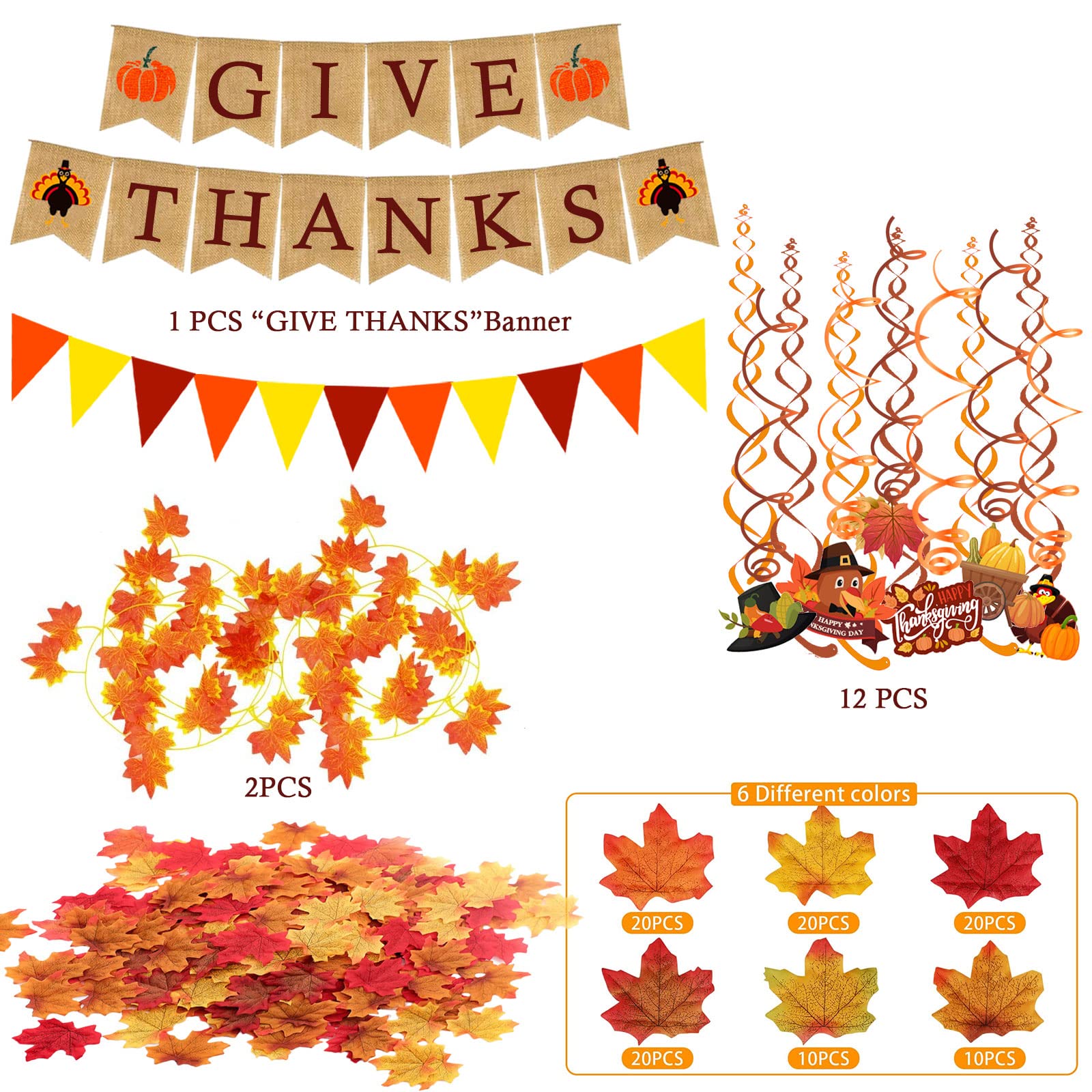 Famoby Give Thanks Burlap Banner Paper Triangular Bunting Maple Leaf Garland Plastic Streamer For Autumn Harvest Thanksgiving Da